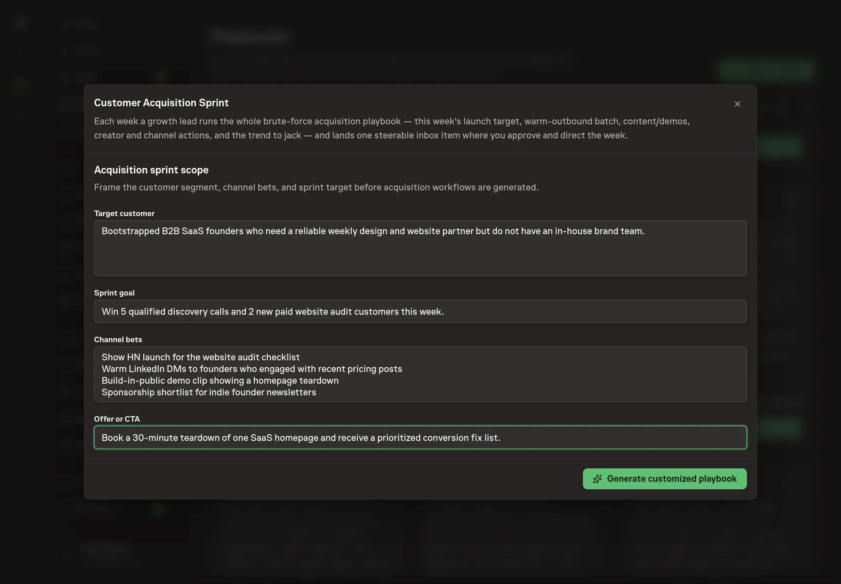 The setup form filled with Northwind Studio's target customer, weekly customer goal, channel bets, and offer for the acquisition sprint
