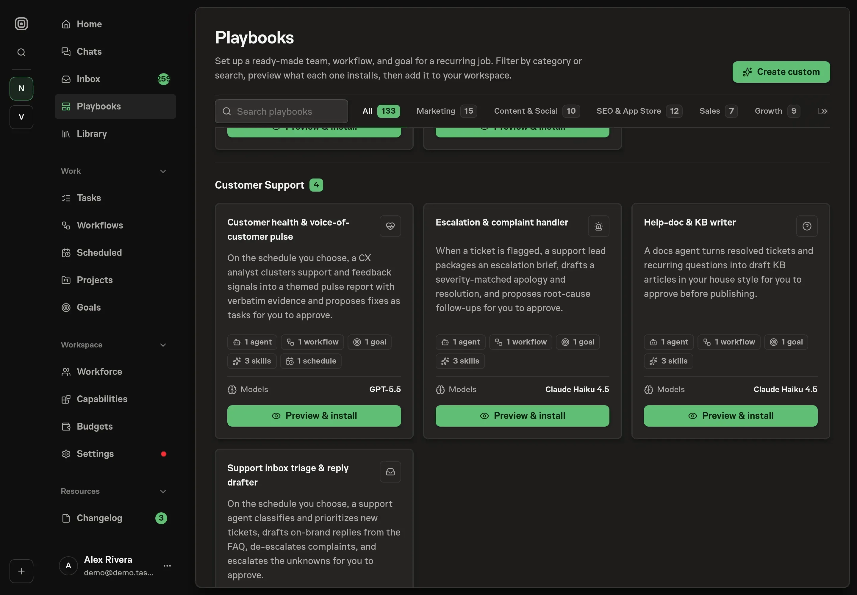 The playbook gallery with the Customer health and voice-of-customer pulse card in the Support category, showing the CX analyst, workflow, goal, skills, connected services, and schedule