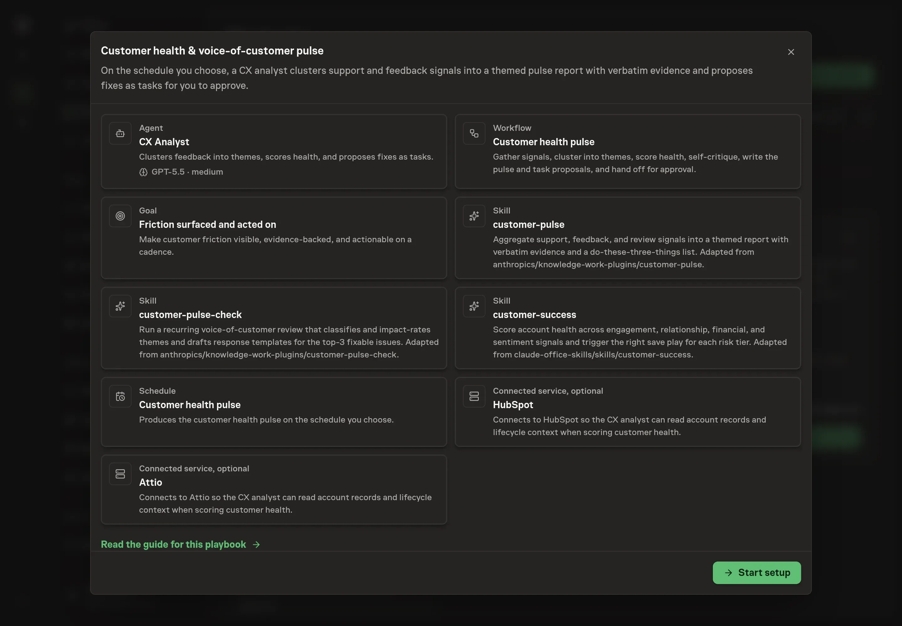 The Customer health pulse preview listing the CX analyst, pulse workflow, goal, skills, HubSpot and Attio services, and recurring schedule, with a Start setup button