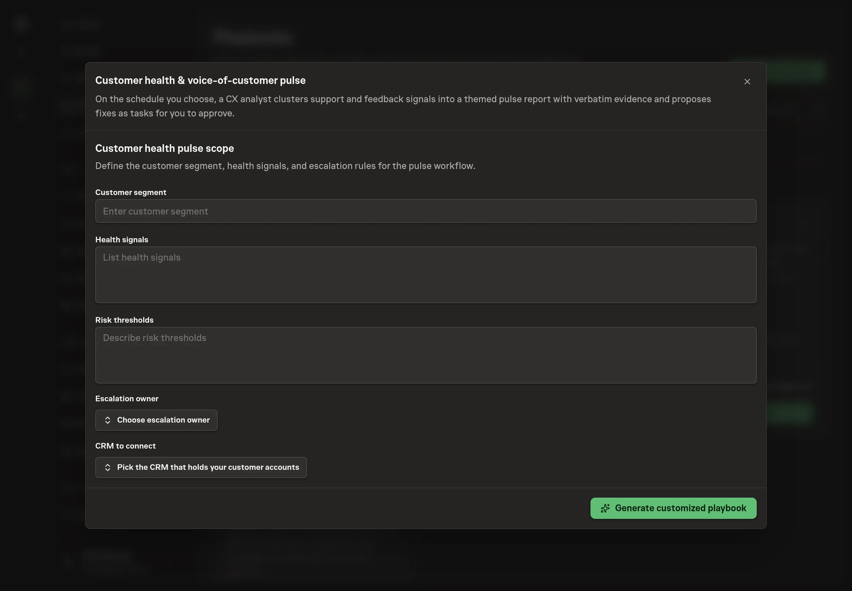 The CRM picker open on the setup step, with HubSpot selected and Attio available for the customer health pulse