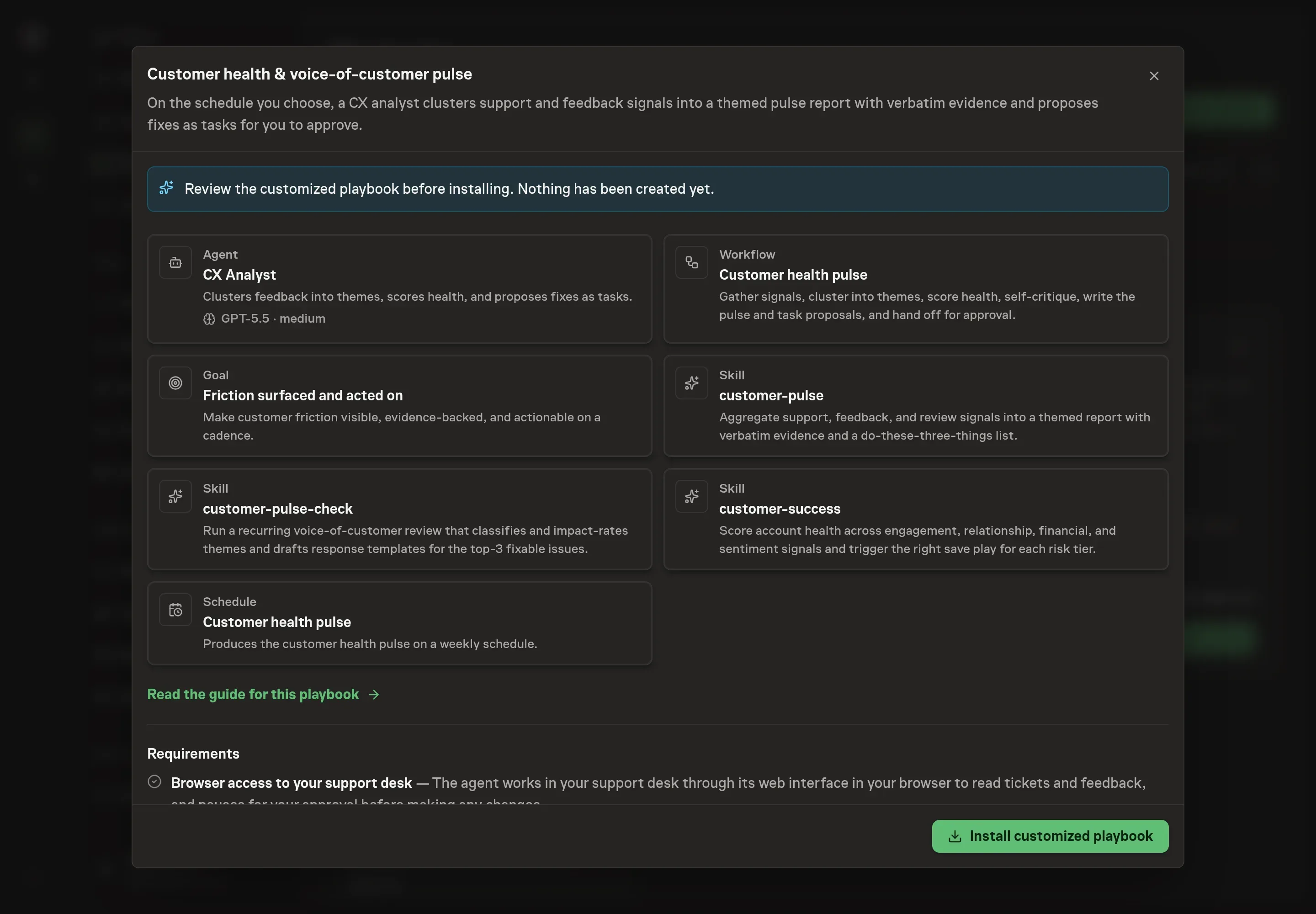 The review step showing the customized customer health pulse records, with HubSpot as the selected service and the schedule ready to install