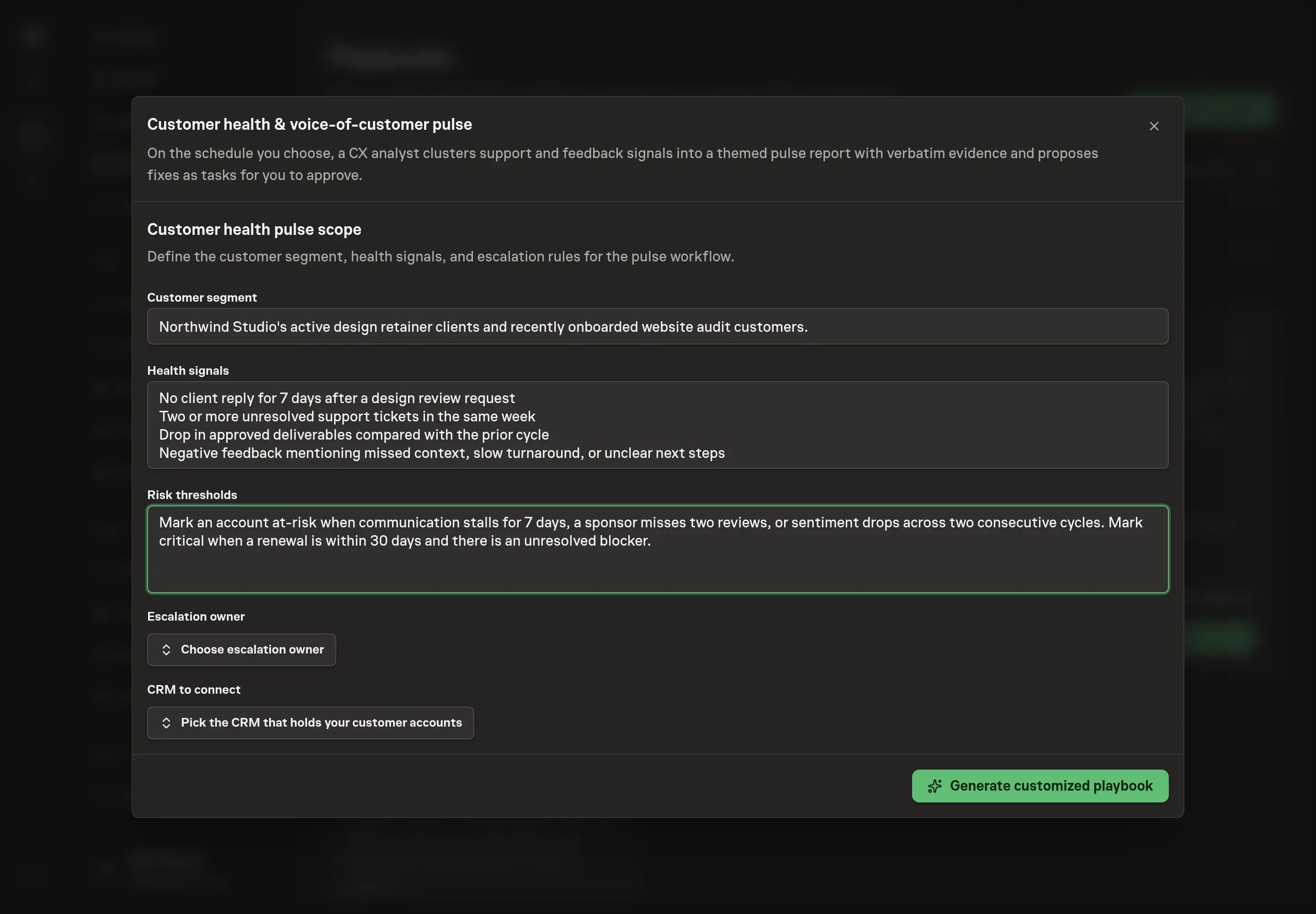 The setup form filled with Northwind Studio's customer segment, health signals, risk thresholds, escalation owner, and selected CRM for the pulse