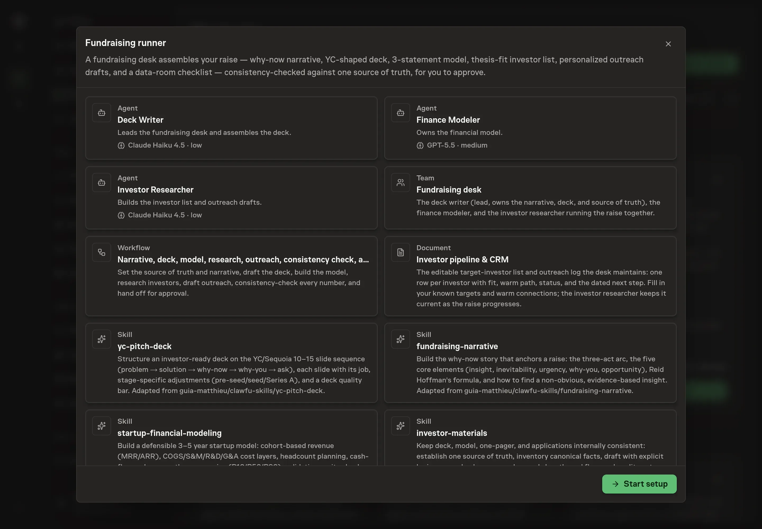 The Fundraising runner preview listing the fundraising desk agents, investor pipeline document, workflow, skills, and Start setup button