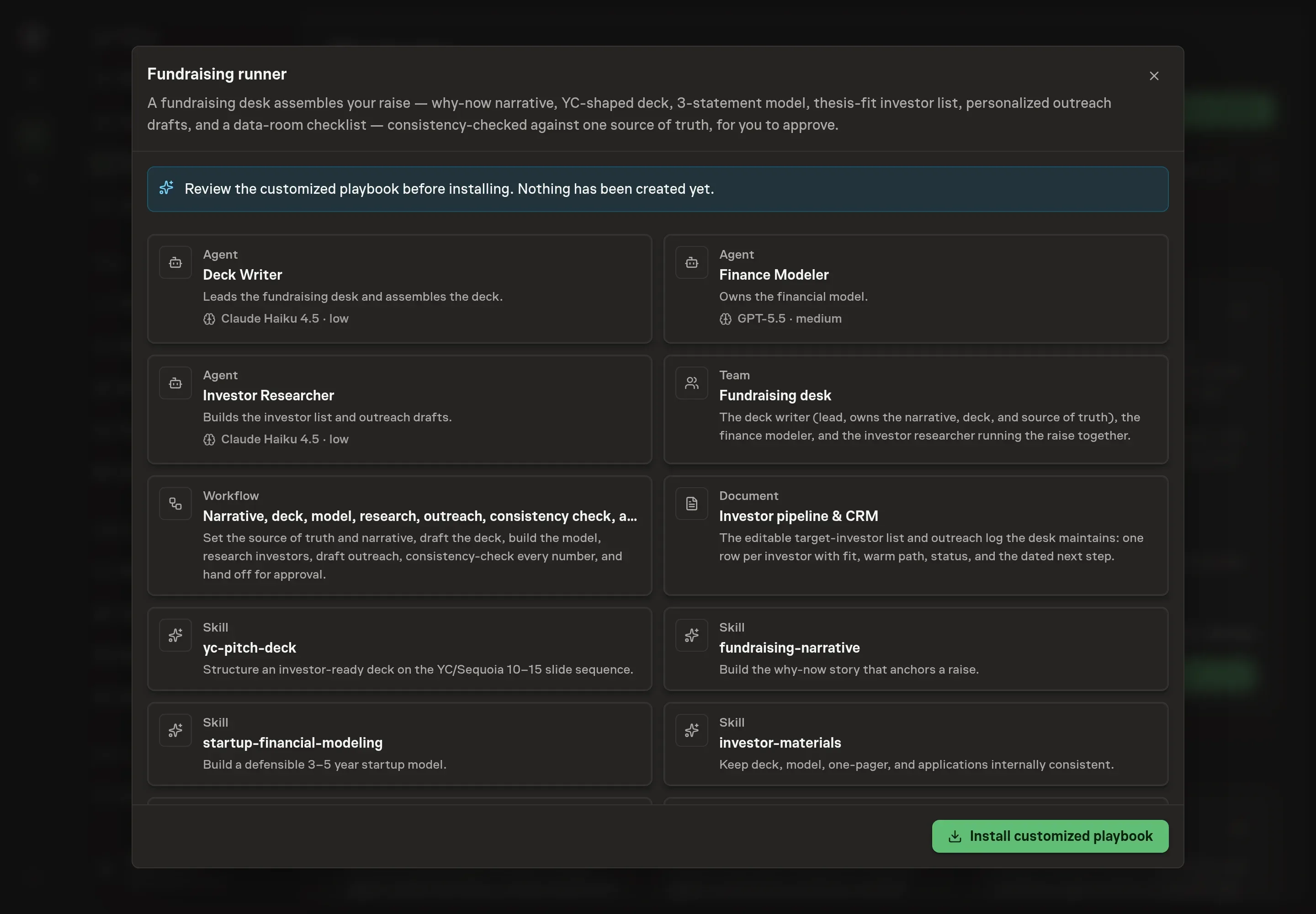 The review step showing the customized fundraising desk, investor pipeline document, skills, and workflow with a consistency-check stage