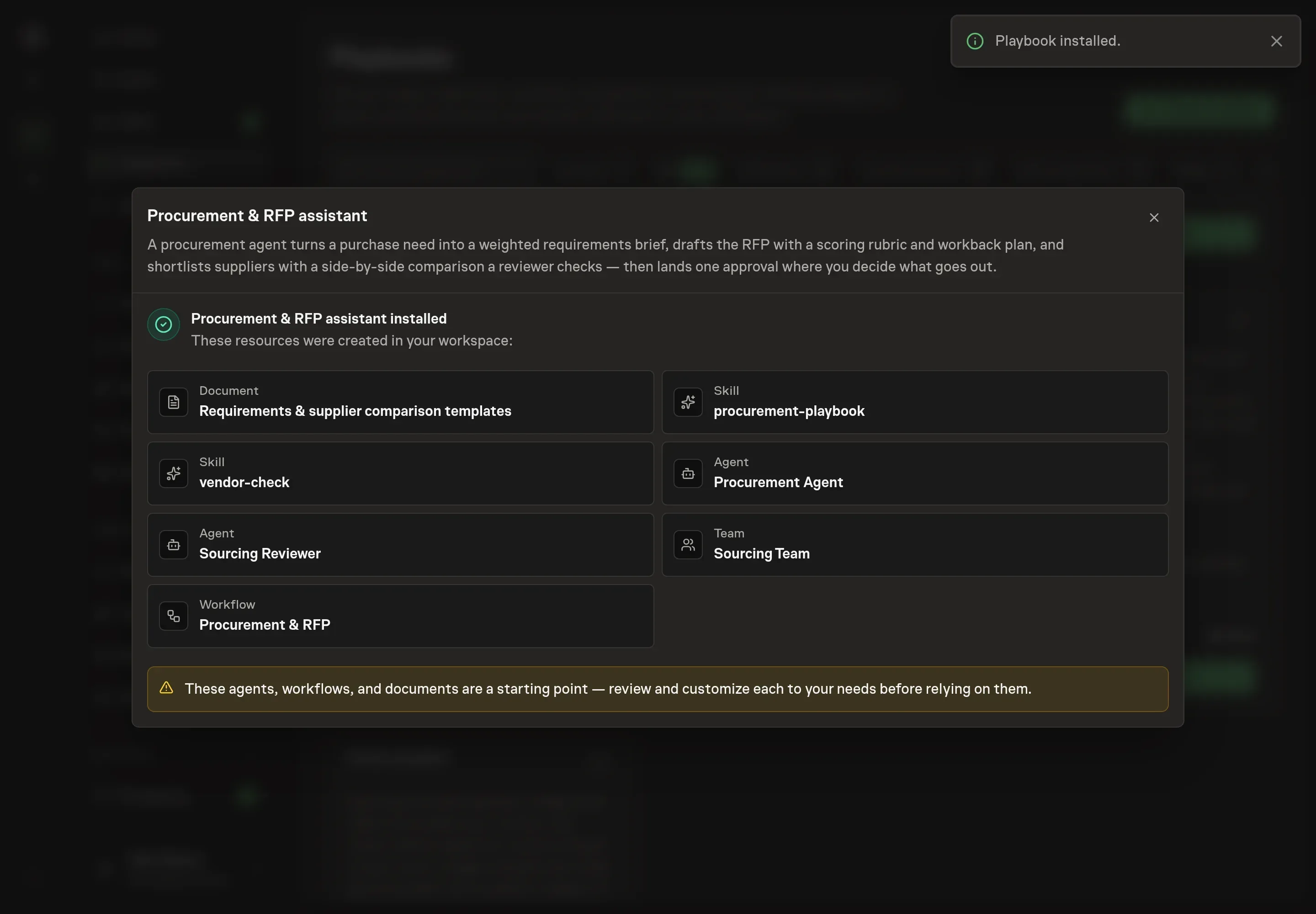 The install confirmation listing the created procurement templates, skills, agents, team, and workflow, with follow-ups ready in the inbox