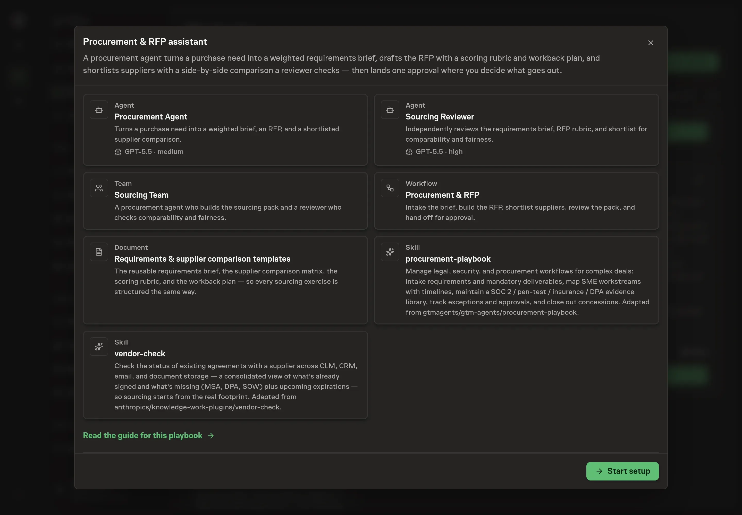 The Procurement and RFP assistant preview listing the sourcing agents, team, workflow, templates, and skills, with a Start setup button