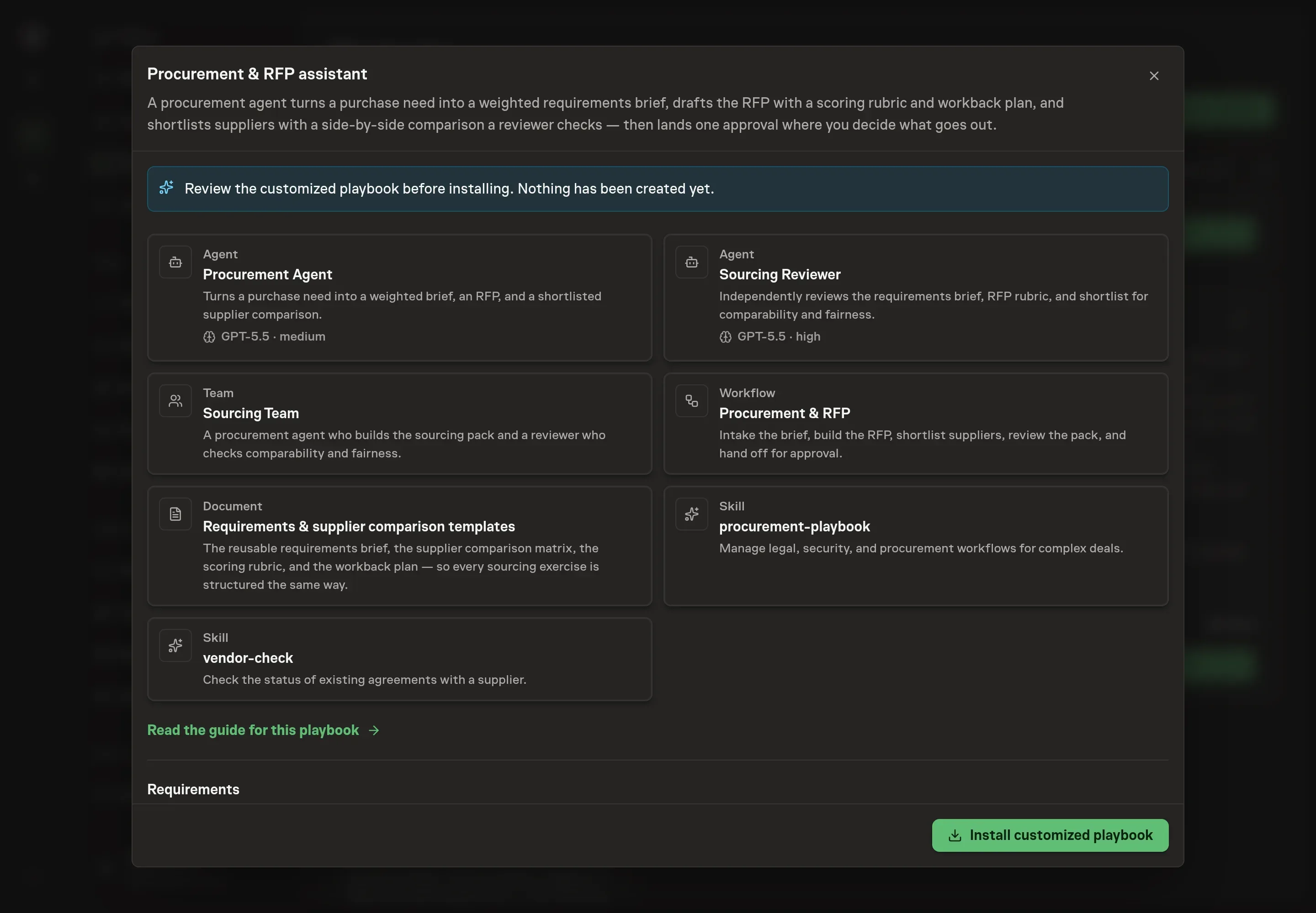 The review step showing the customized procurement agents, requirements templates, workflow, and approval step