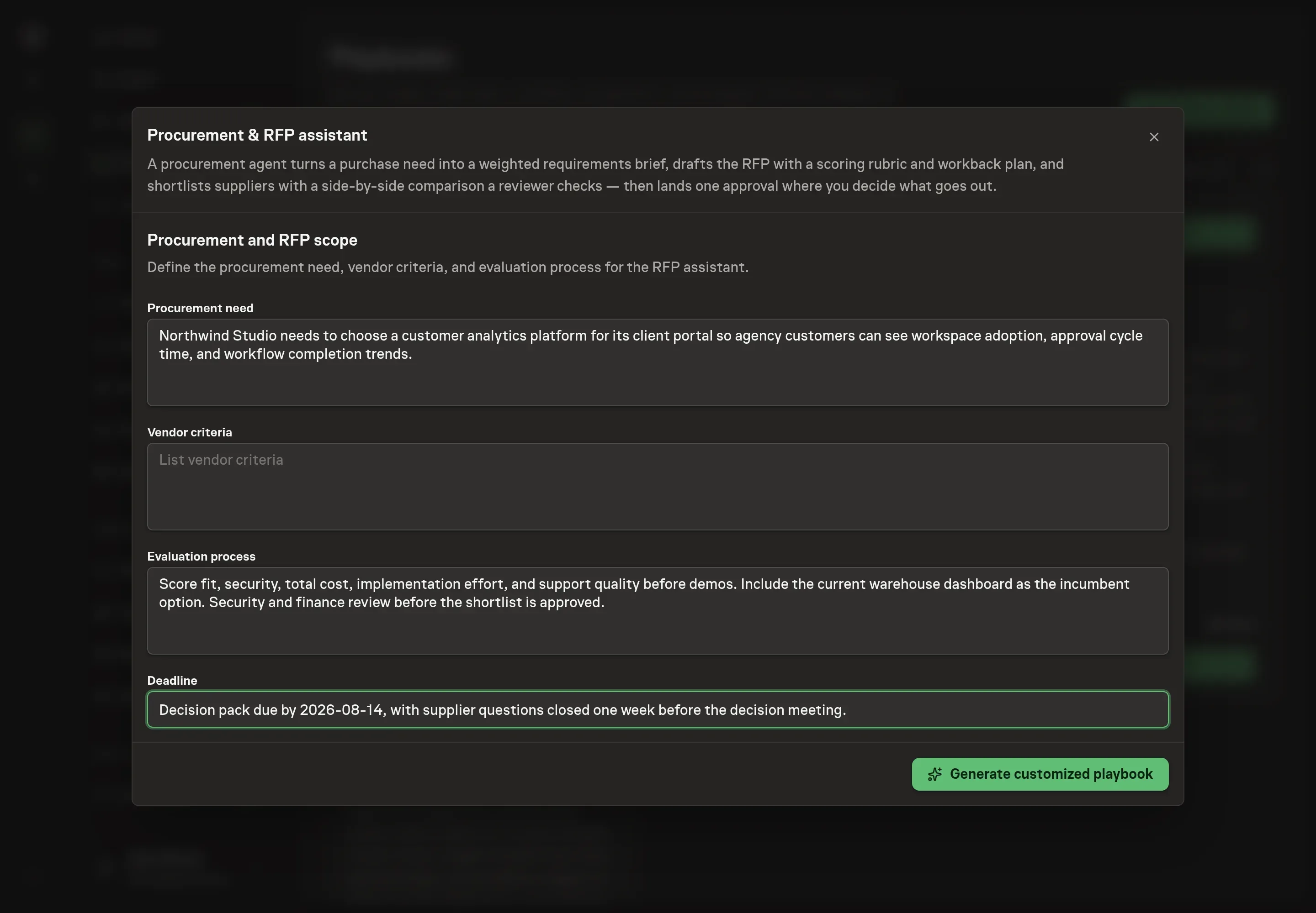 The setup form filled with a Northwind Studio analytics procurement need, vendor criteria, evaluation process, and decision deadline