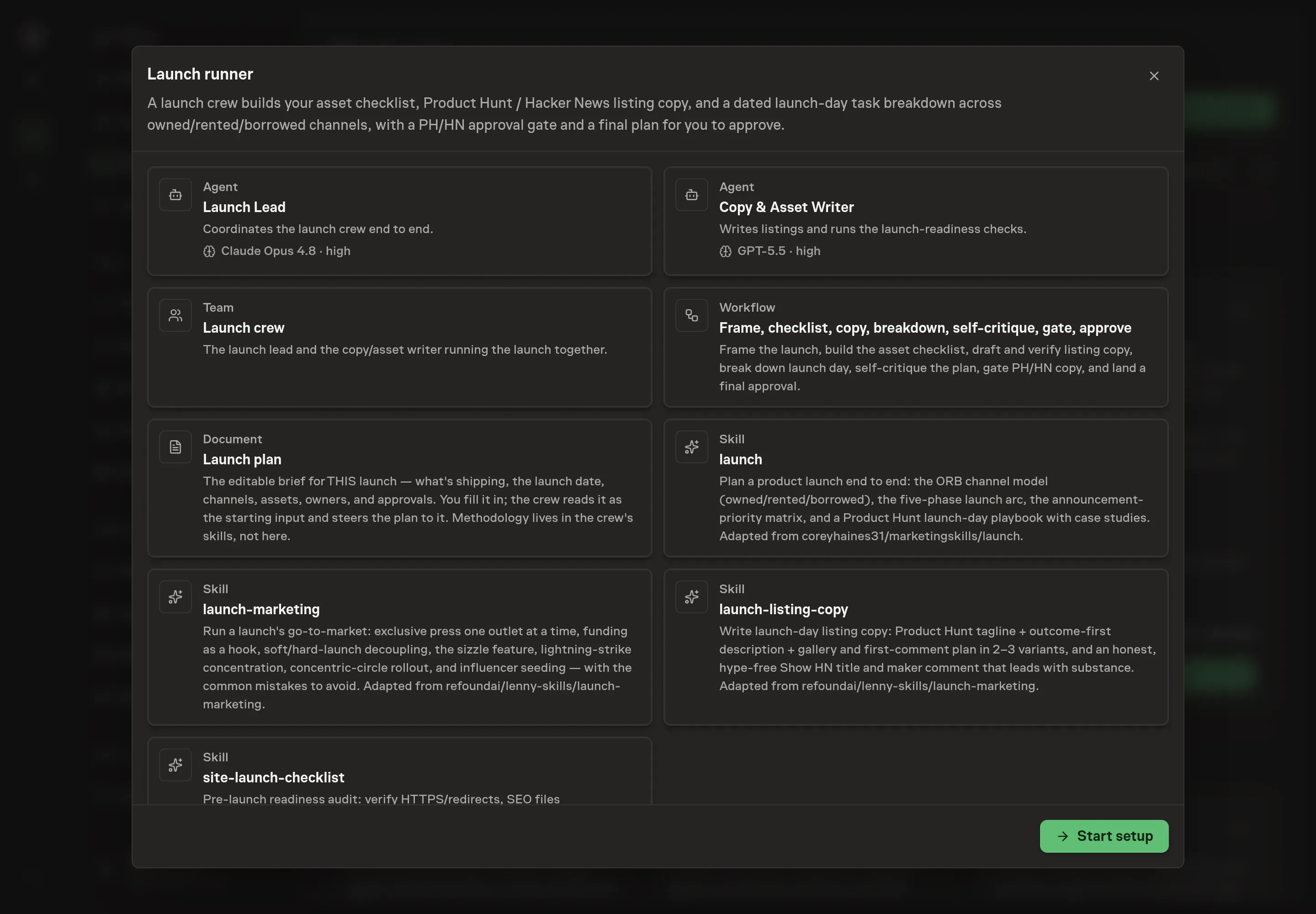 The Launch runner preview listing both agents, the launch crew, the Launch plan document, launch skills, and the one-off workflow with a Start setup button