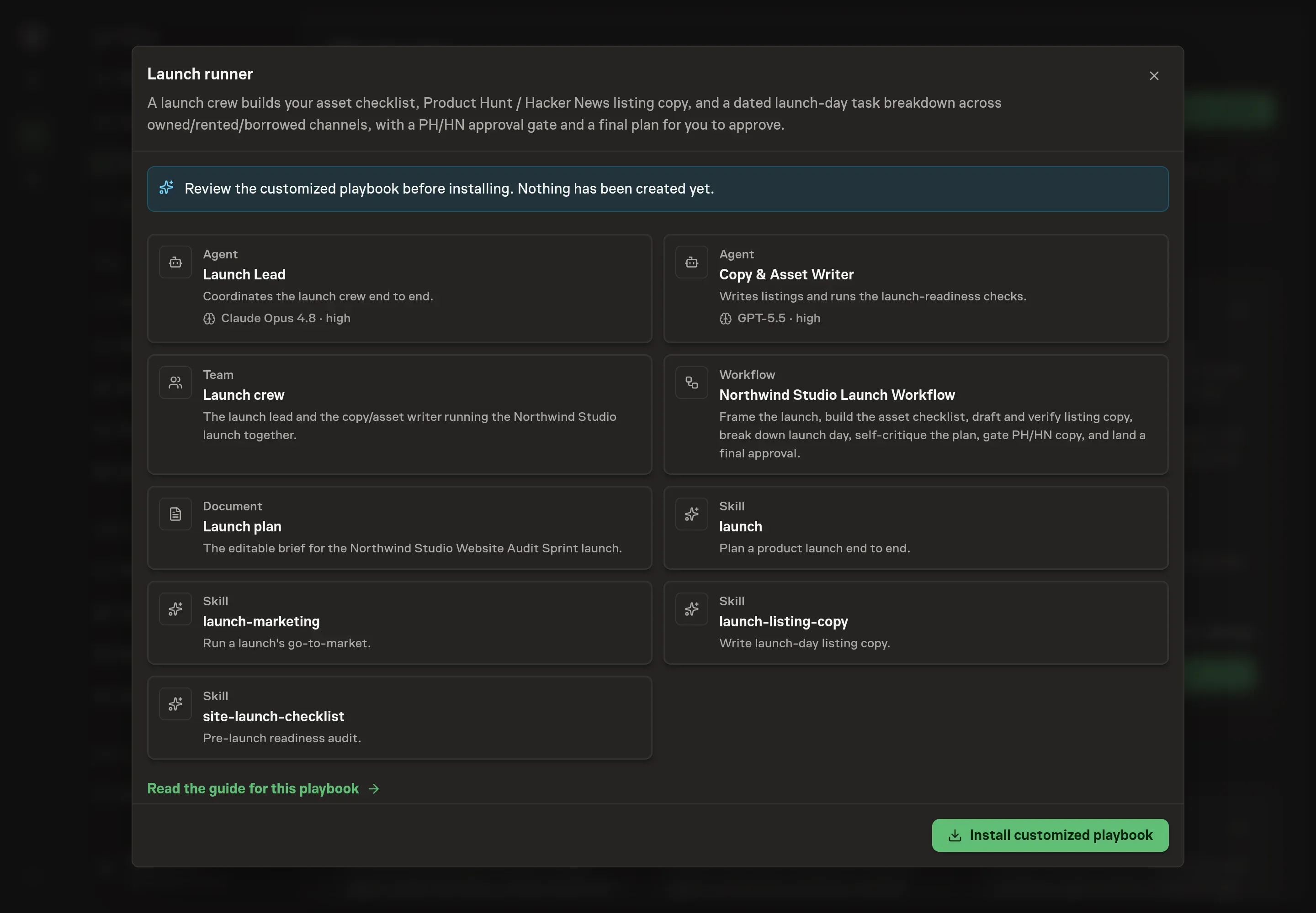 The review step showing the customized launch crew, Launch plan document, launch skills, and workflow before anything is installed