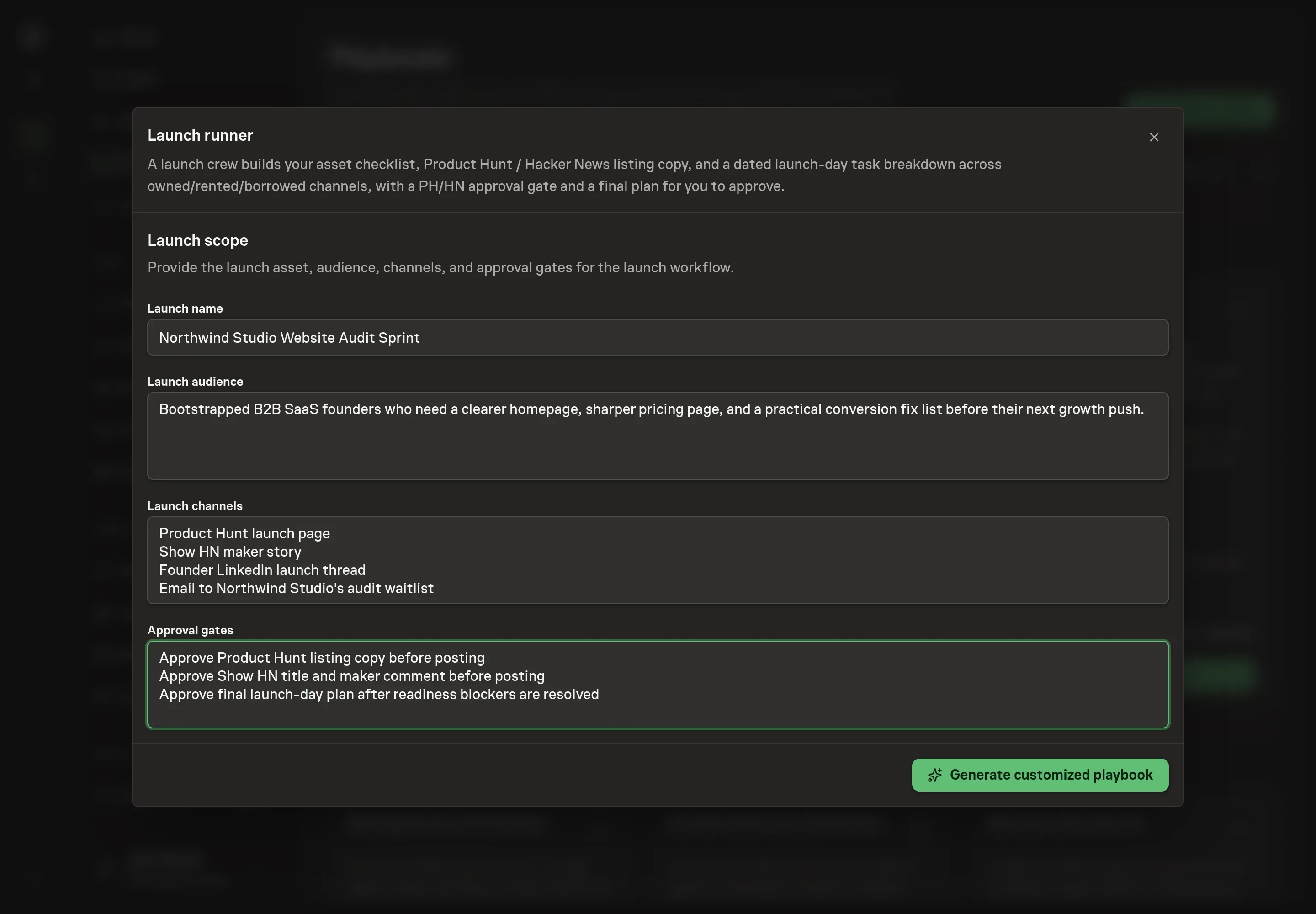 The setup form filled in with Northwind Studio's launch name, launch audience, channel list, and Product Hunt, Hacker News, and final plan approval gates