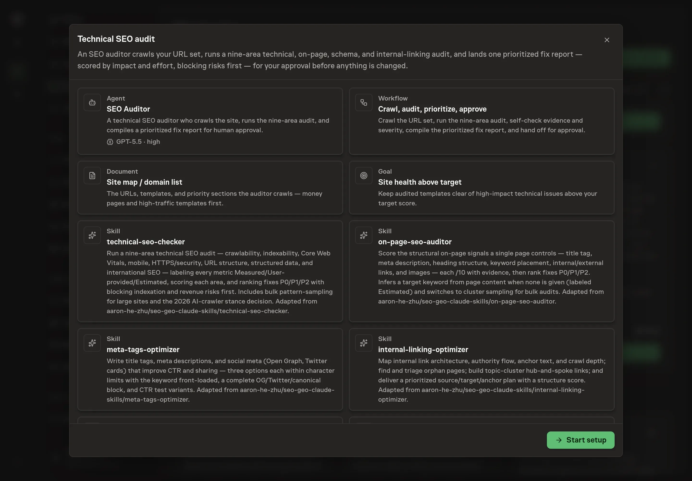 The Technical SEO audit preview listing the SEO auditor, workflow, site map document, site-health goal, audit skills, and Ahrefs and Semrush services, with a Start setup button