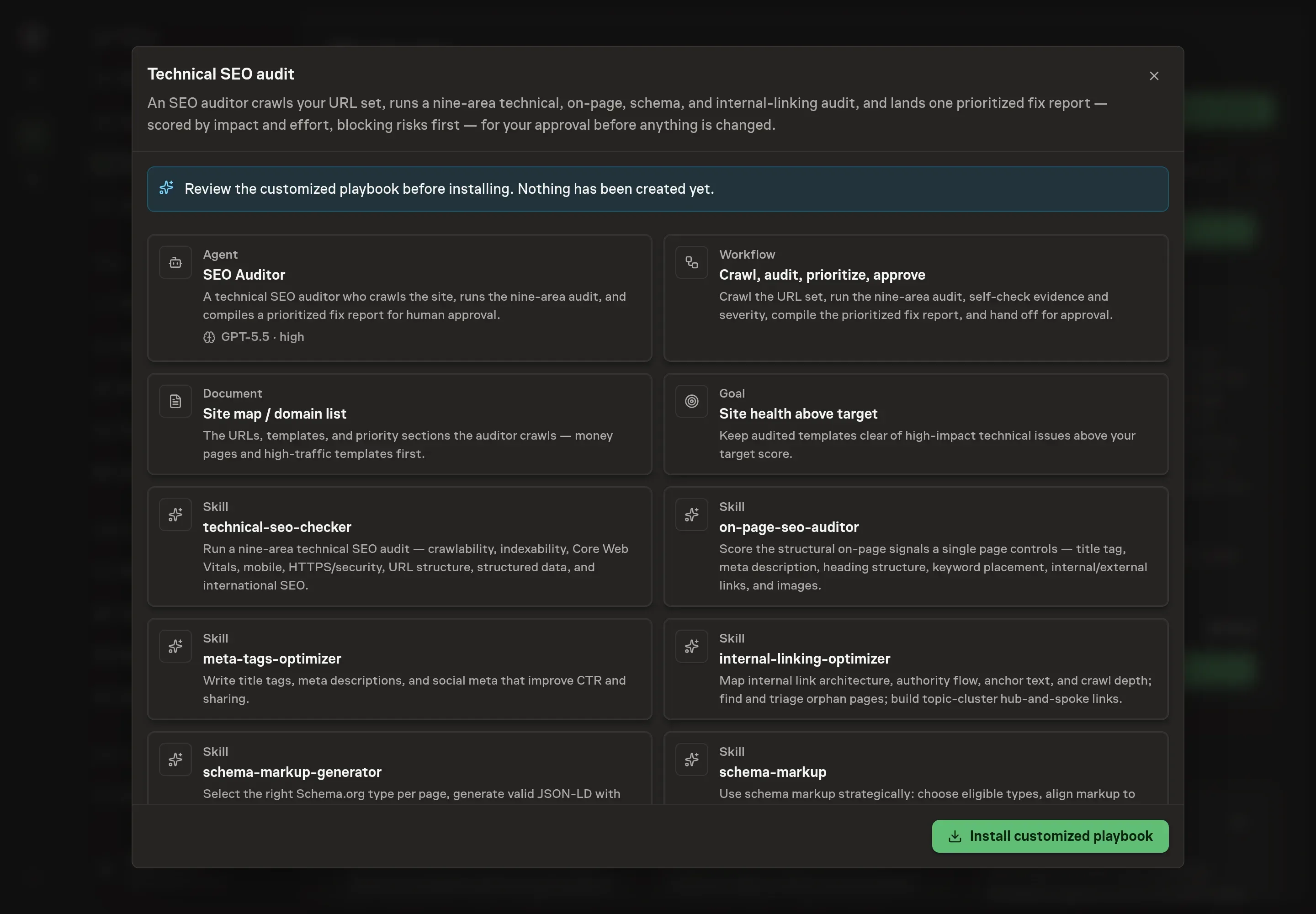The review step showing the customized SEO auditor, audit workflow, site map document, goal, skills, and Ahrefs service before installation