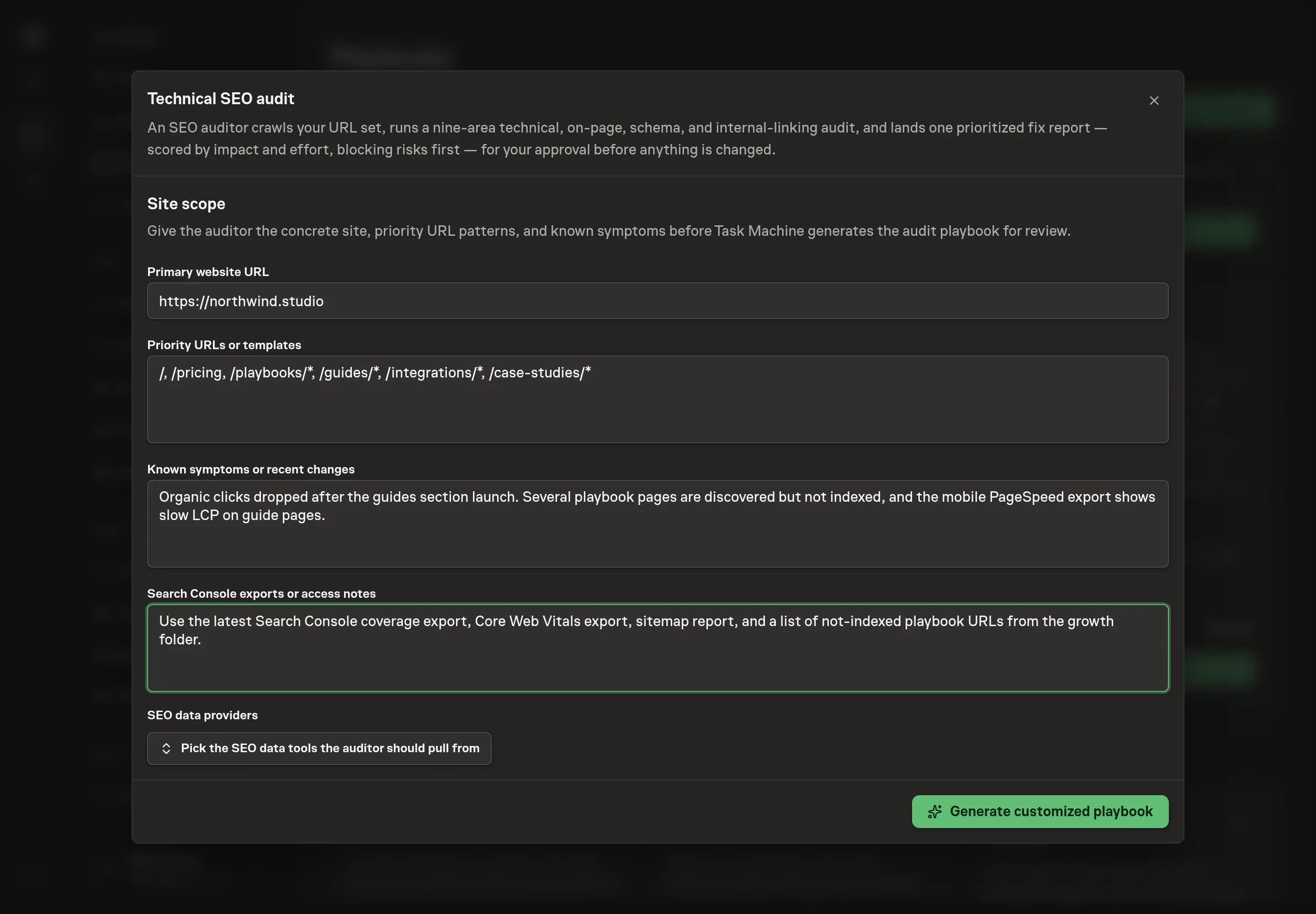 The setup form filled in with Northwind Studio's primary URL, priority templates, known symptoms, Search Console notes, and Ahrefs as the selected SEO data provider