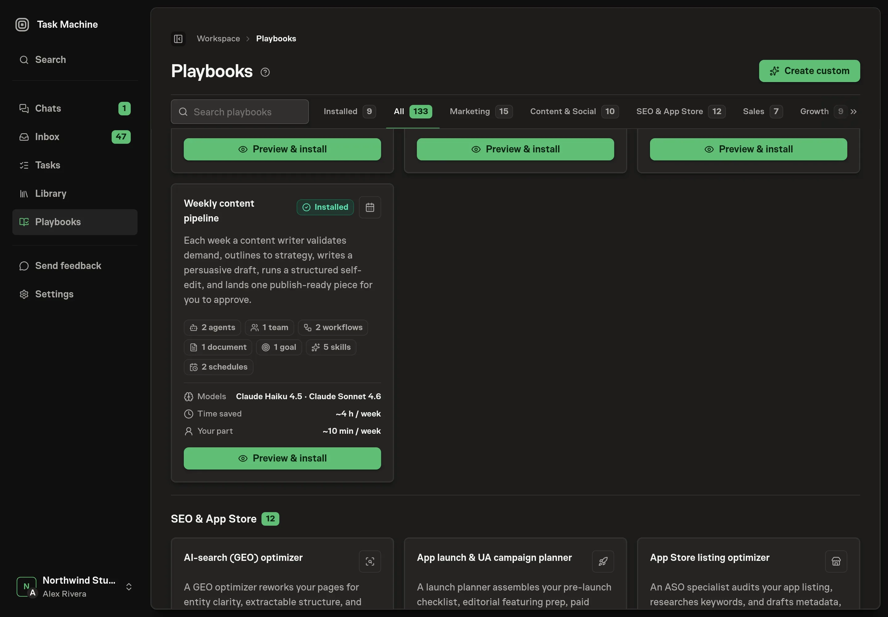 The playbook gallery with the Weekly content pipeline card listing two agents, one team, two workflows, one document, one goal, five skills, and two schedules
