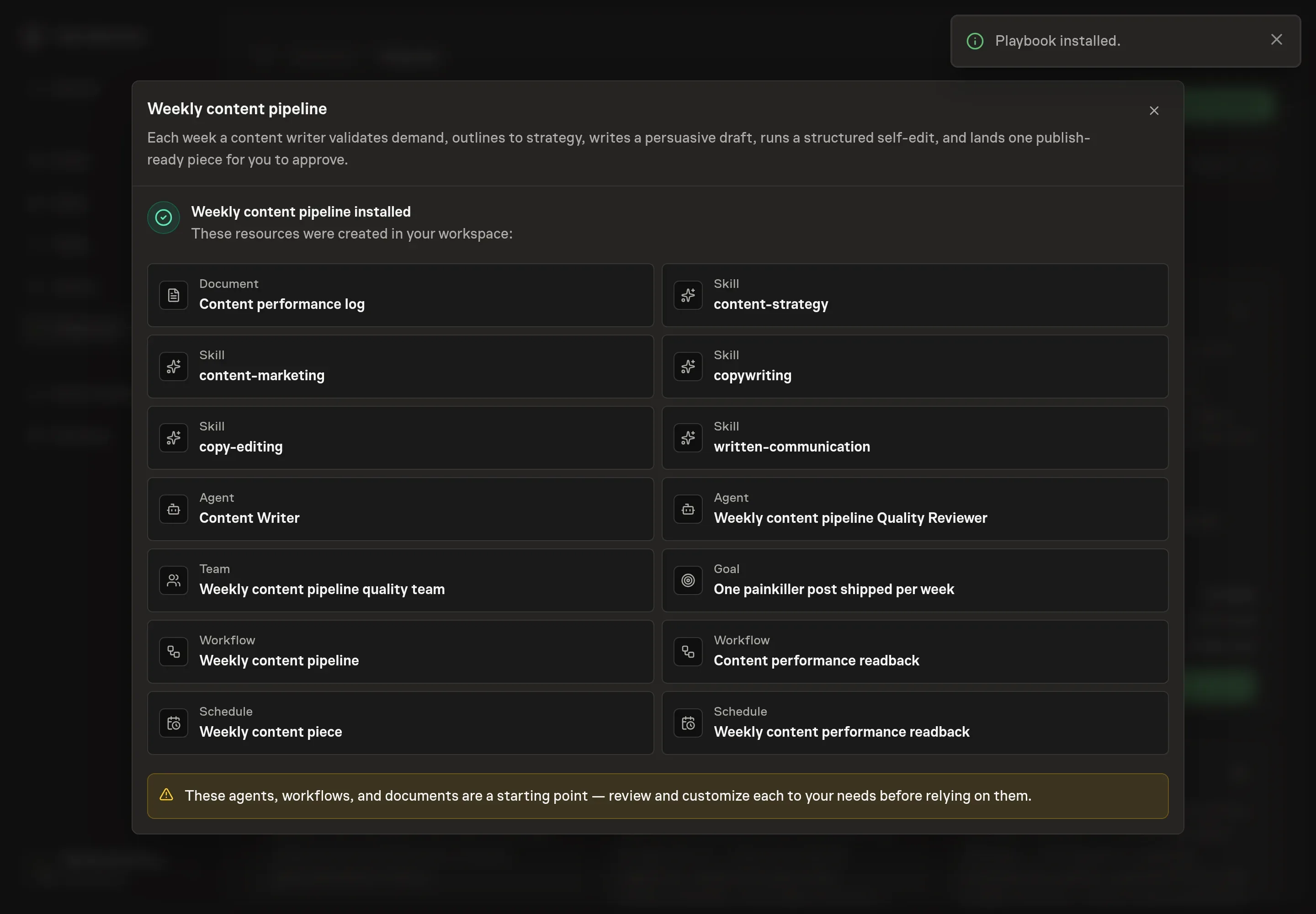 The install confirmation listing the Weekly content pipeline agents, team, workflows, performance log, skills, goal, schedules, and follow-ups