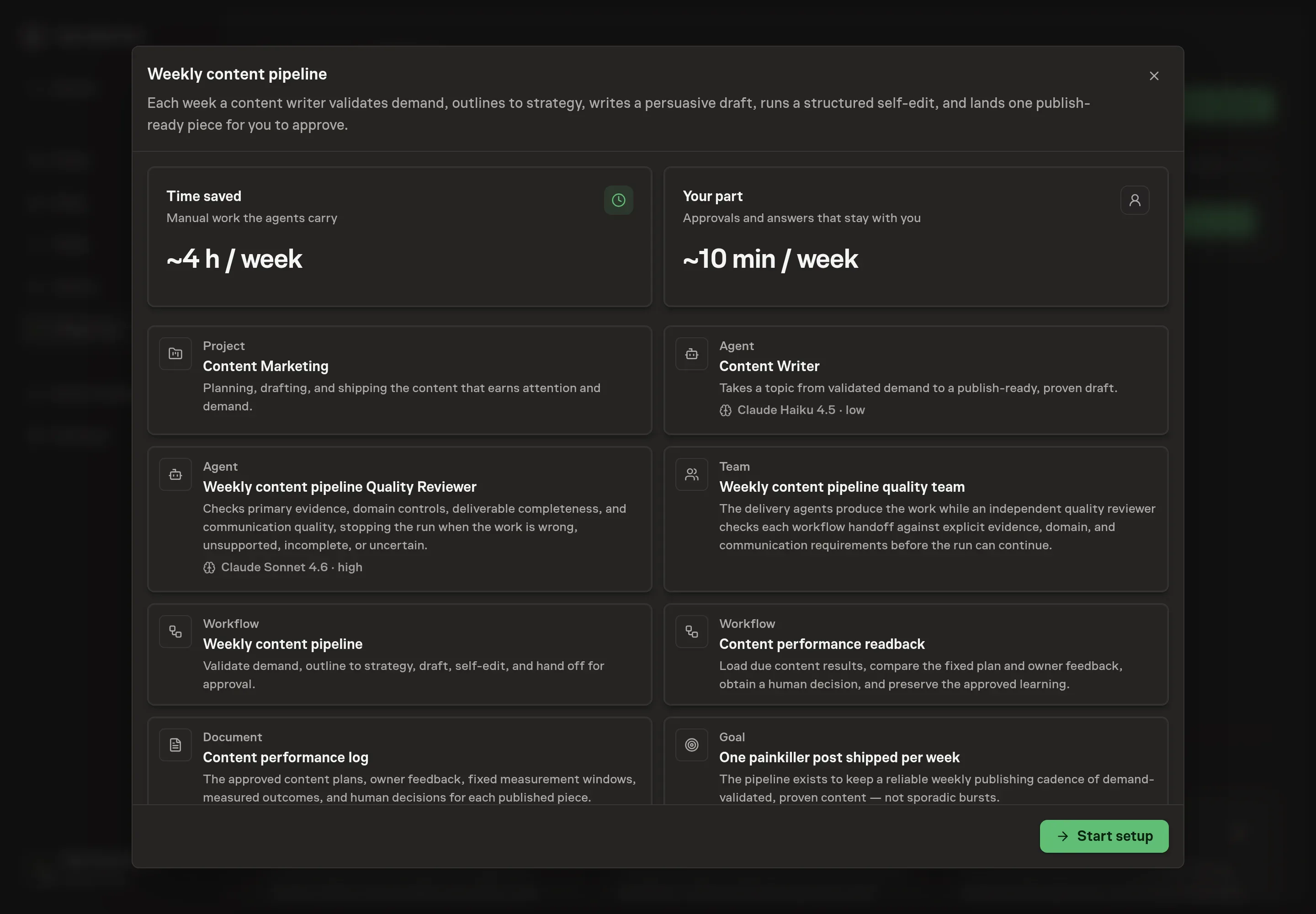 The Weekly content pipeline preview listing the writer, quality reviewer, team, two workflows, performance log, skills, goal, and schedules