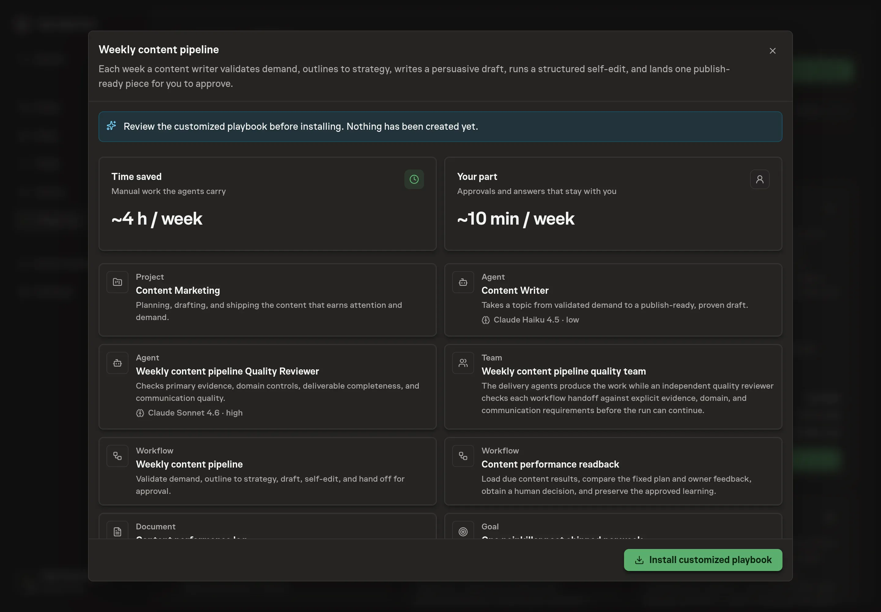 The review step showing the customized Weekly content pipeline agents, team, workflows, performance log, skills, goal, and schedules
