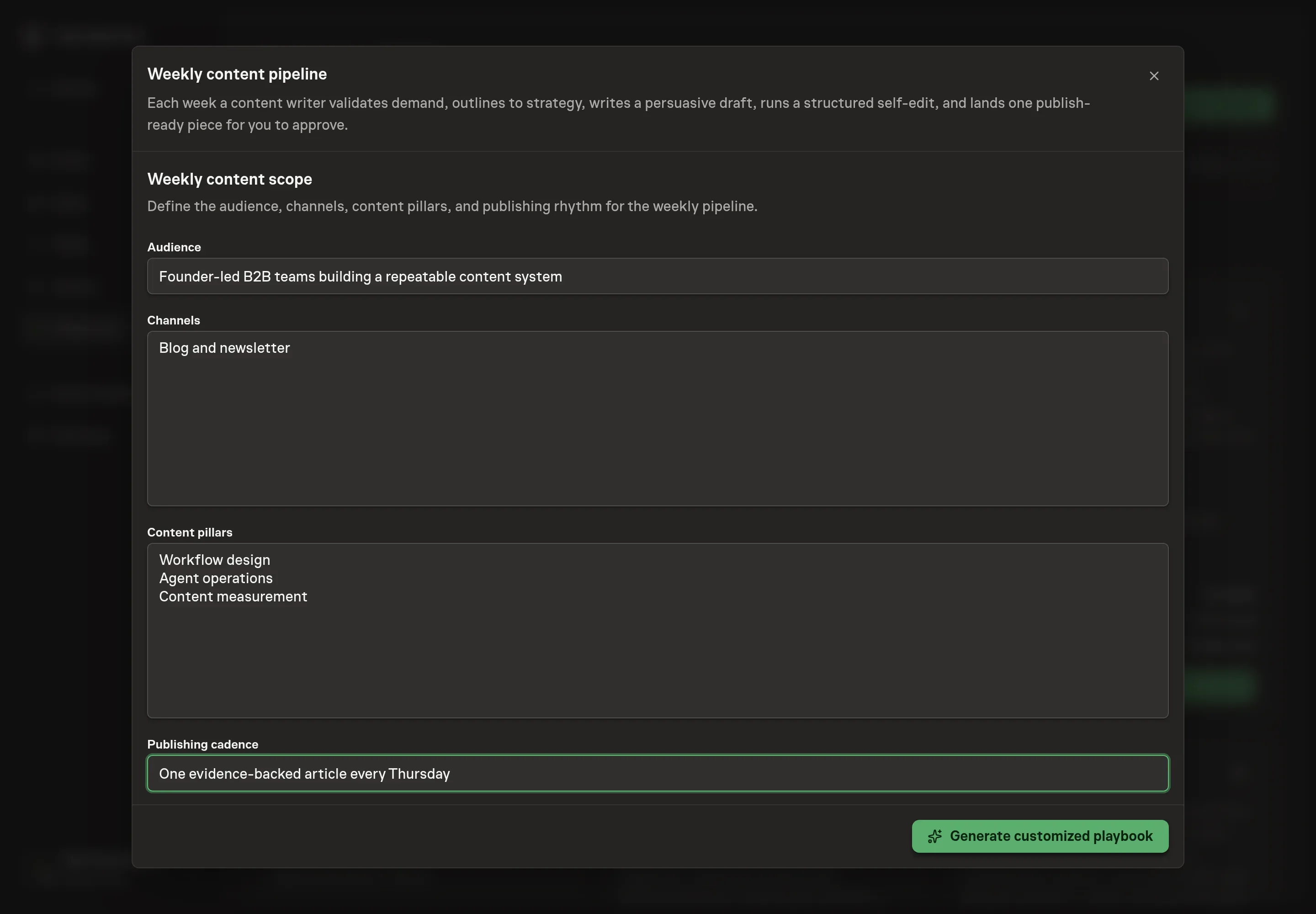 The setup form filled in with Northwind Studio's audience, newsletter and blog channels, content pillars, and weekly publishing cadence