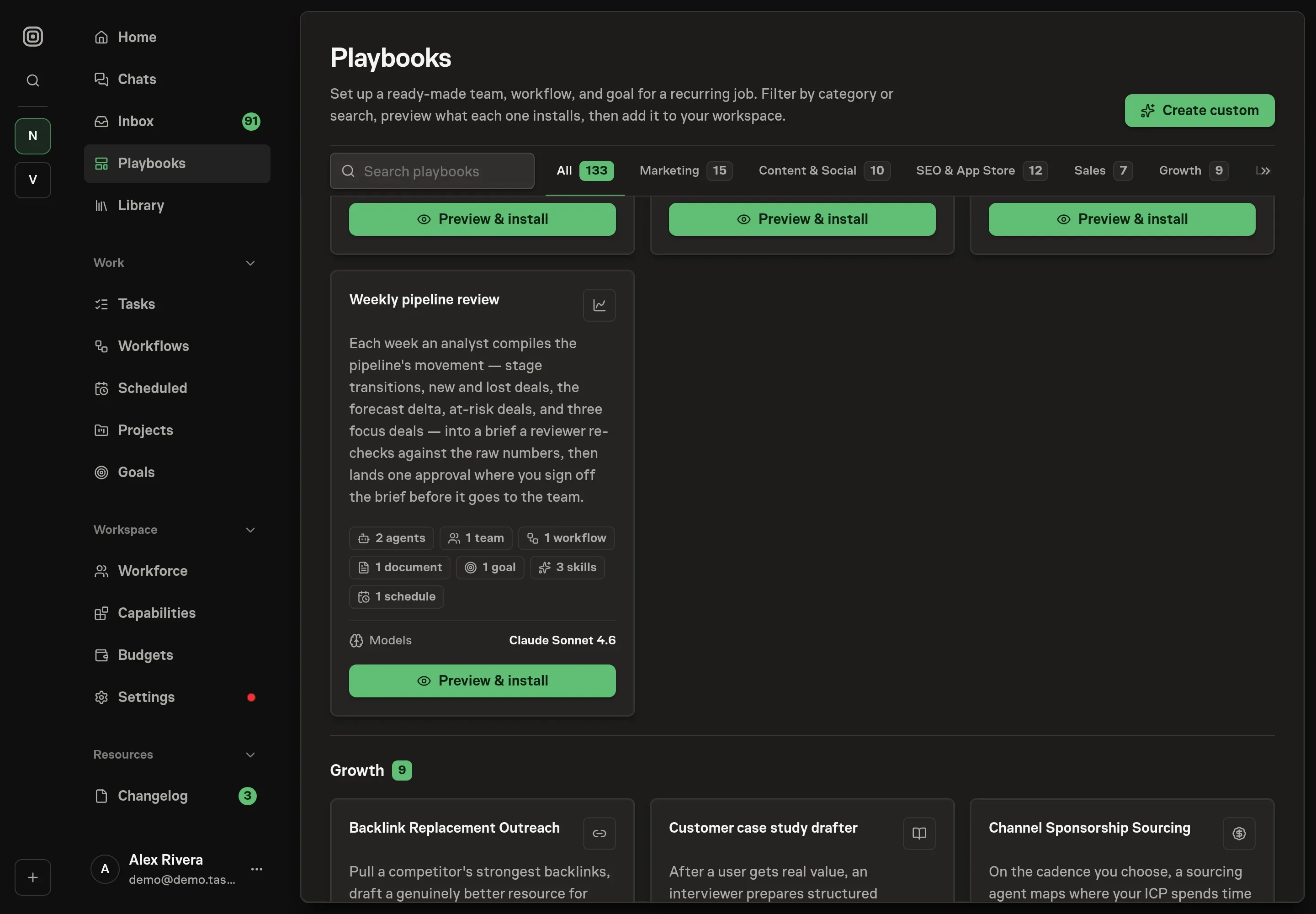 The playbook gallery with the Weekly pipeline review card in the Sales category, listing the analyst, reviewer, workflow, brief definitions document, goal, schedule, and CRM services