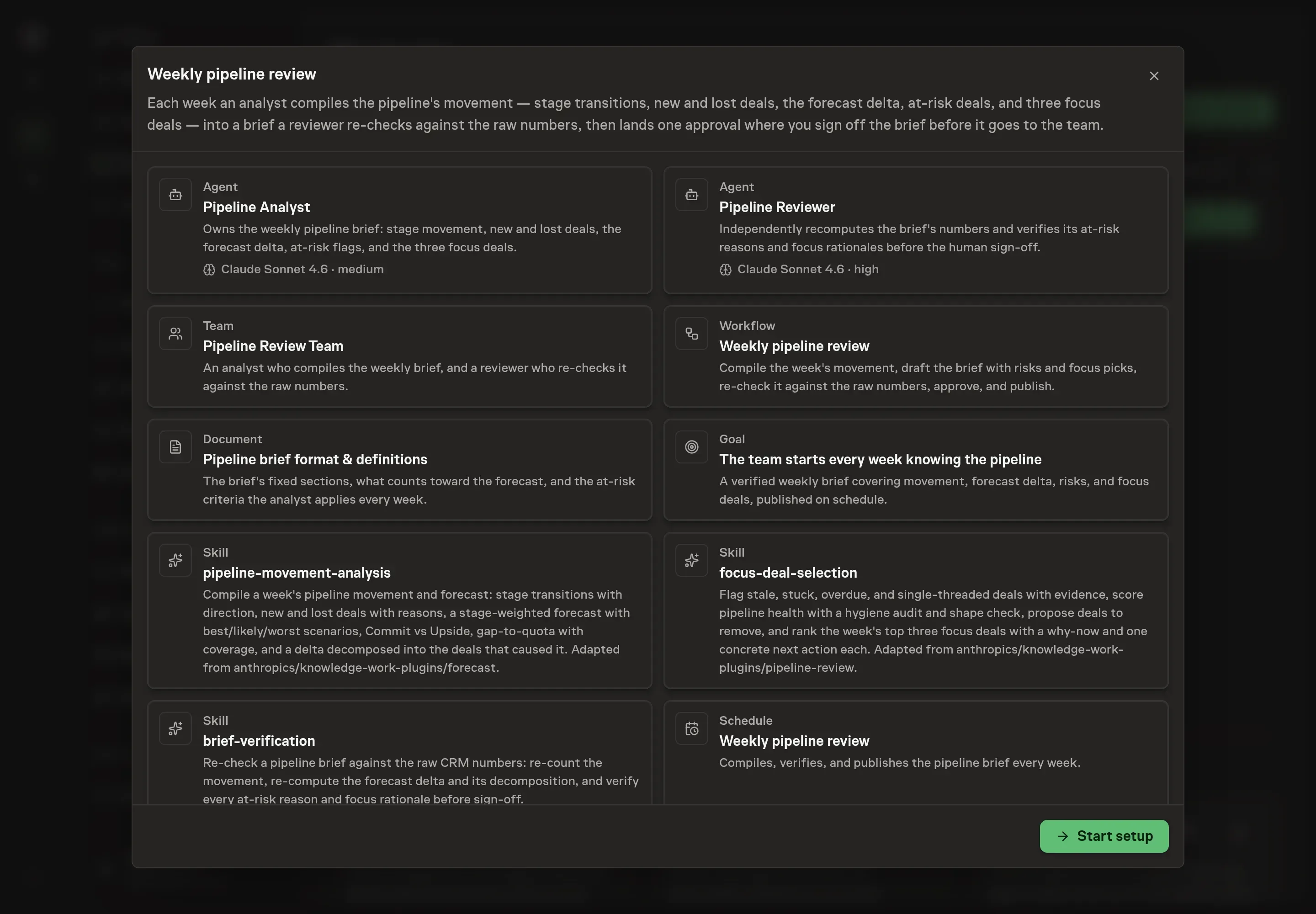 The Weekly pipeline review preview listing the pipeline analyst, reviewer, weekly brief workflow, definitions document, goal, schedule, HubSpot, and Attio, with a Start setup button