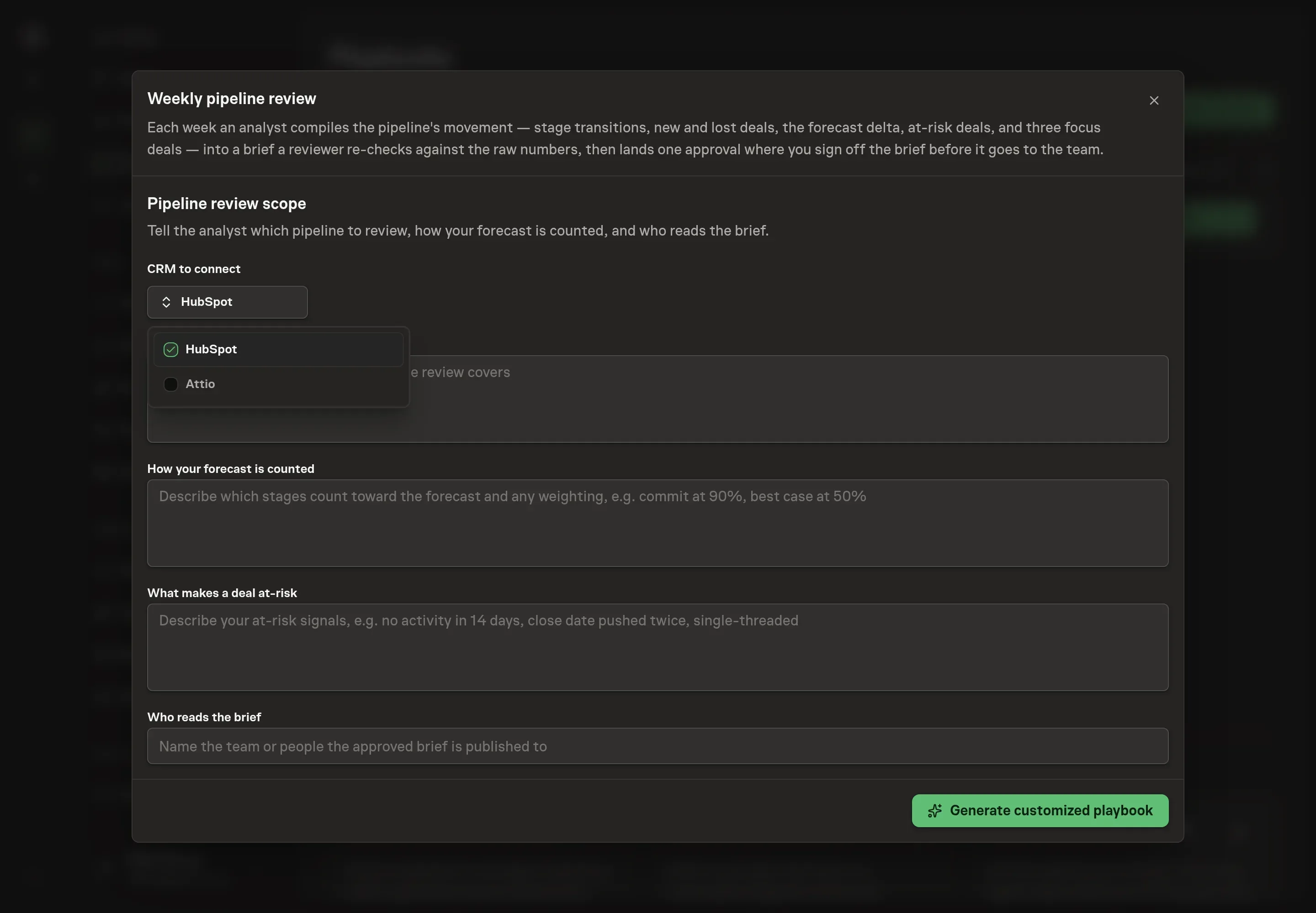The CRM picker open on the setup step, with HubSpot selected and Attio available