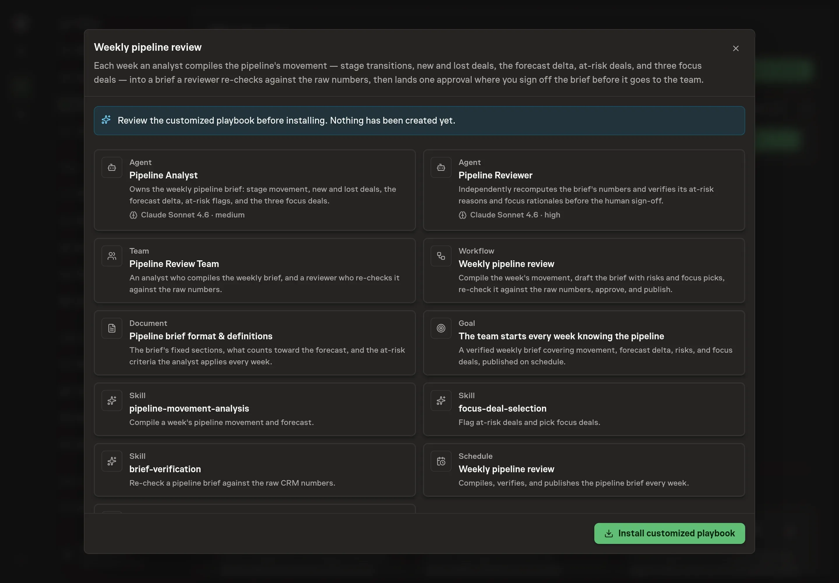The review step showing the customized pipeline analyst, reviewer, definitions document, workflow, HubSpot service, goal, and weekly schedule before installation