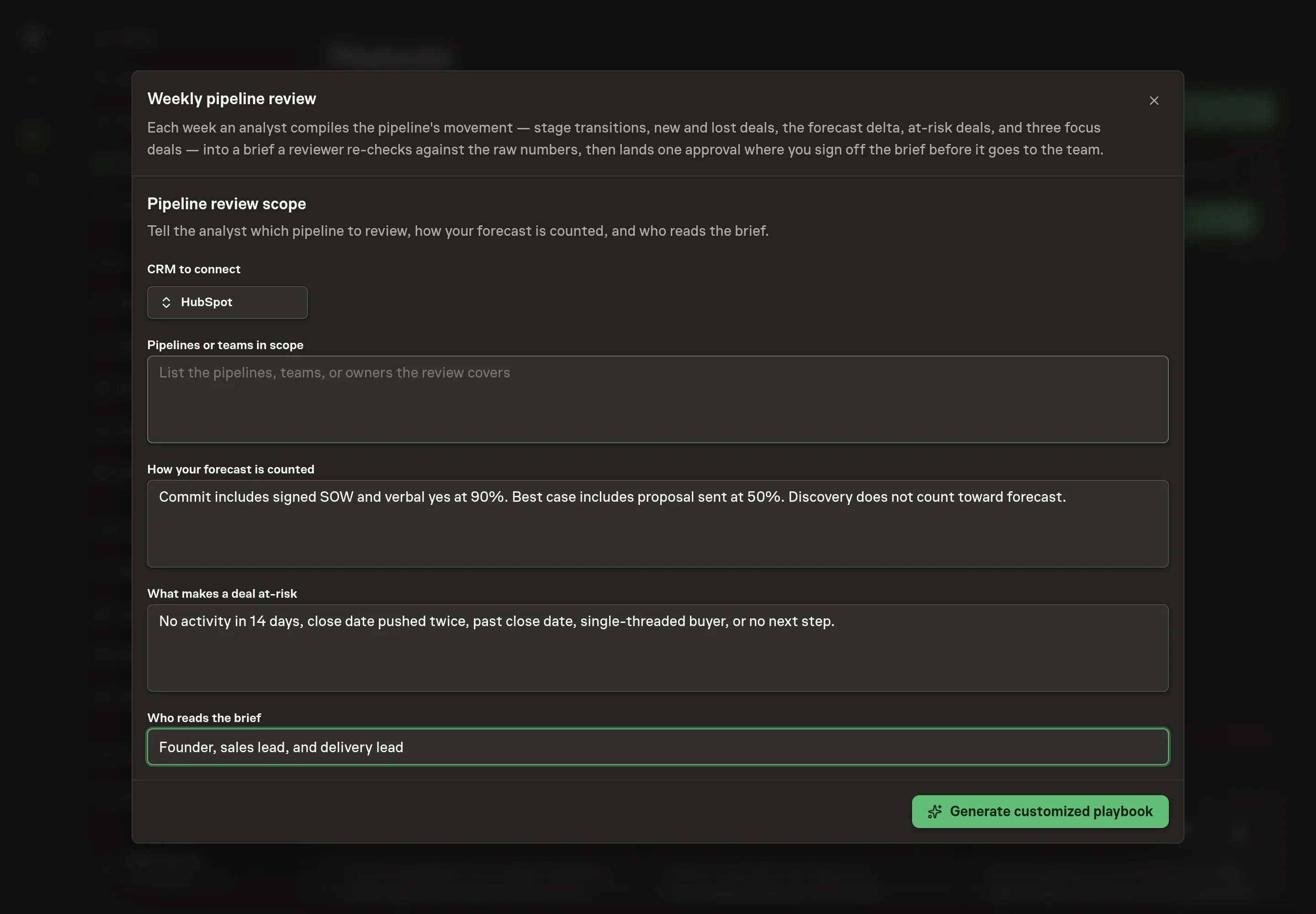 The setup form filled with HubSpot selected, sales pipeline scope, commit and best-case forecast definitions, at-risk criteria, and leadership audience
