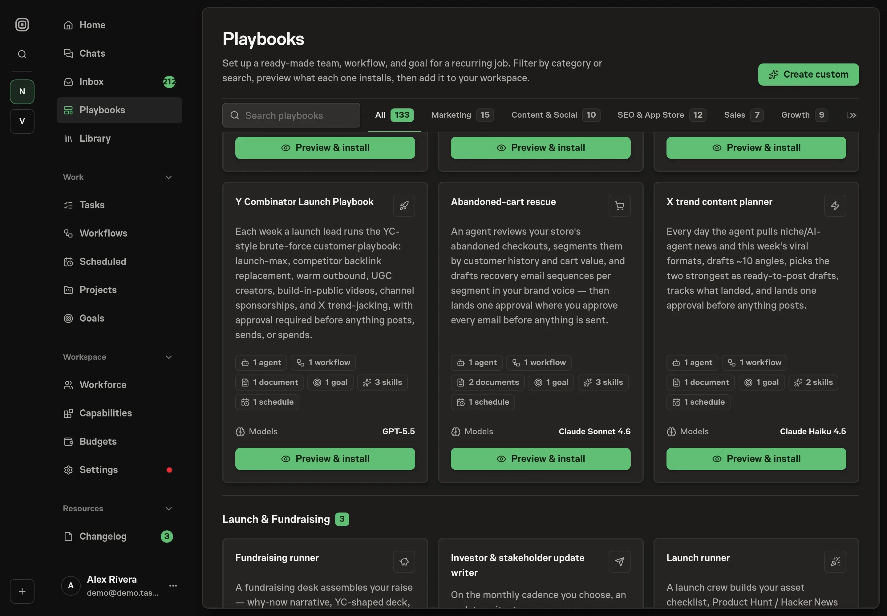 The playbook gallery with the Y Combinator Launch Playbook card in the Growth category, listing the launch agent, workflow, scoreboard, skills, goal, and schedule