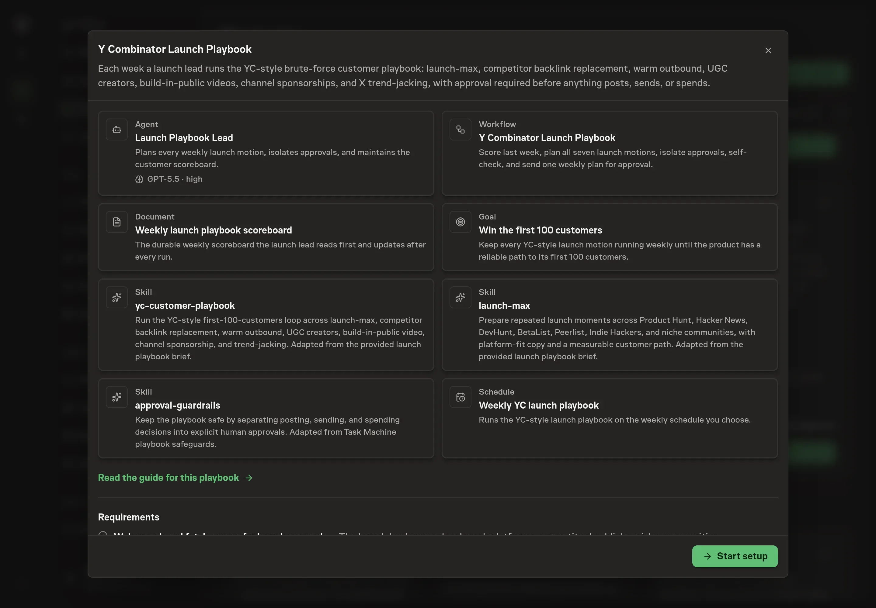 The Y Combinator Launch Playbook preview showing the launch lead, weekly workflow, scoreboard document, skills, goal, and schedule with a Start setup button