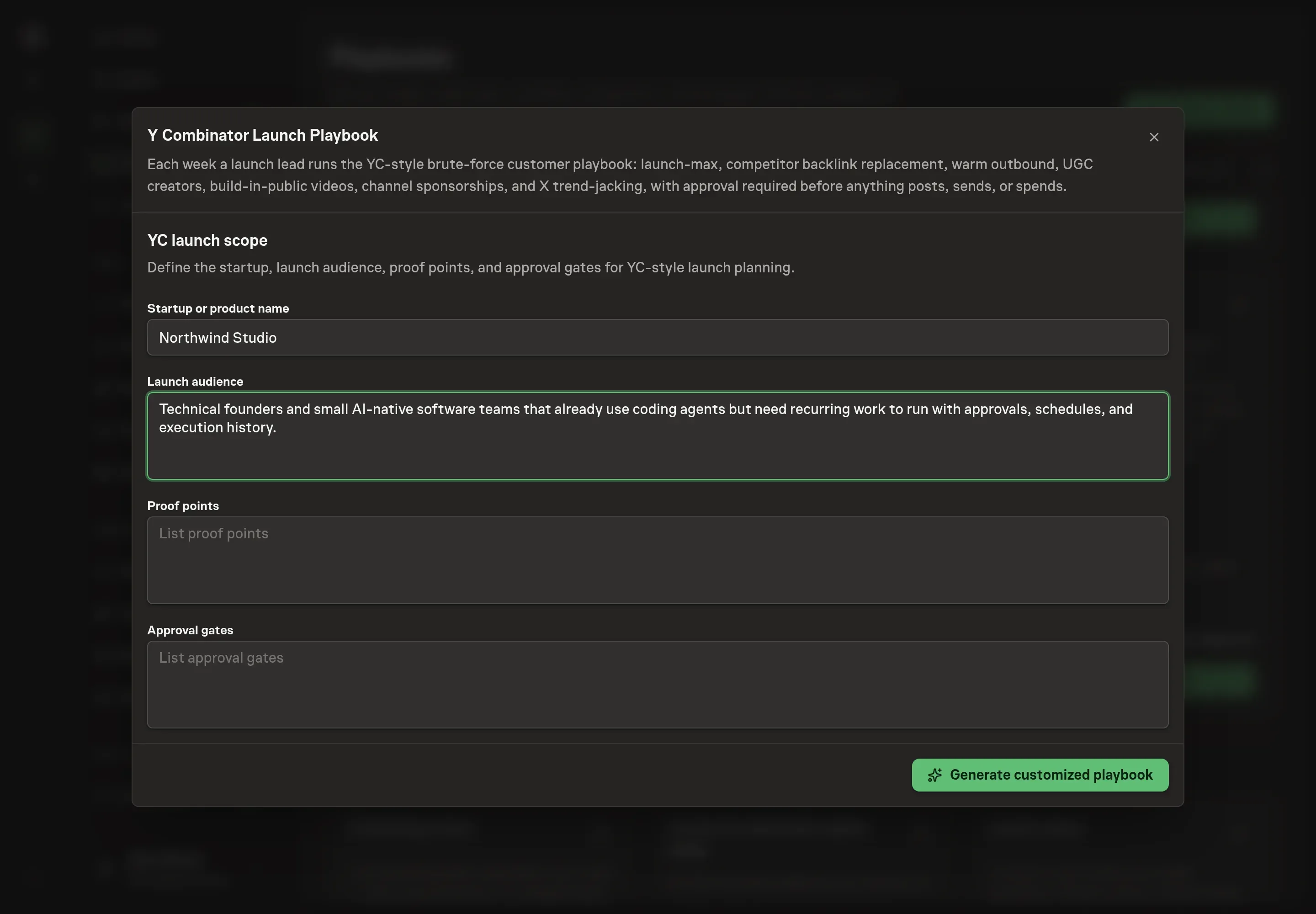 The setup form filled in with Northwind Studio's product name, launch audience, proof points, and approval gates for posts, sends, and spend