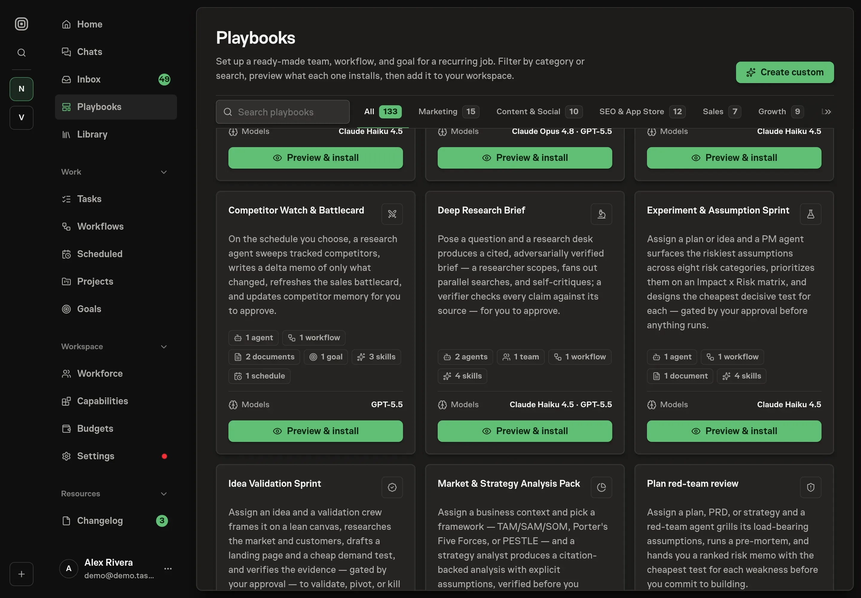 The playbook gallery with the Experiment & Assumption Sprint card in the Research category, listing the PM agent, workflow, experiment log, and skills