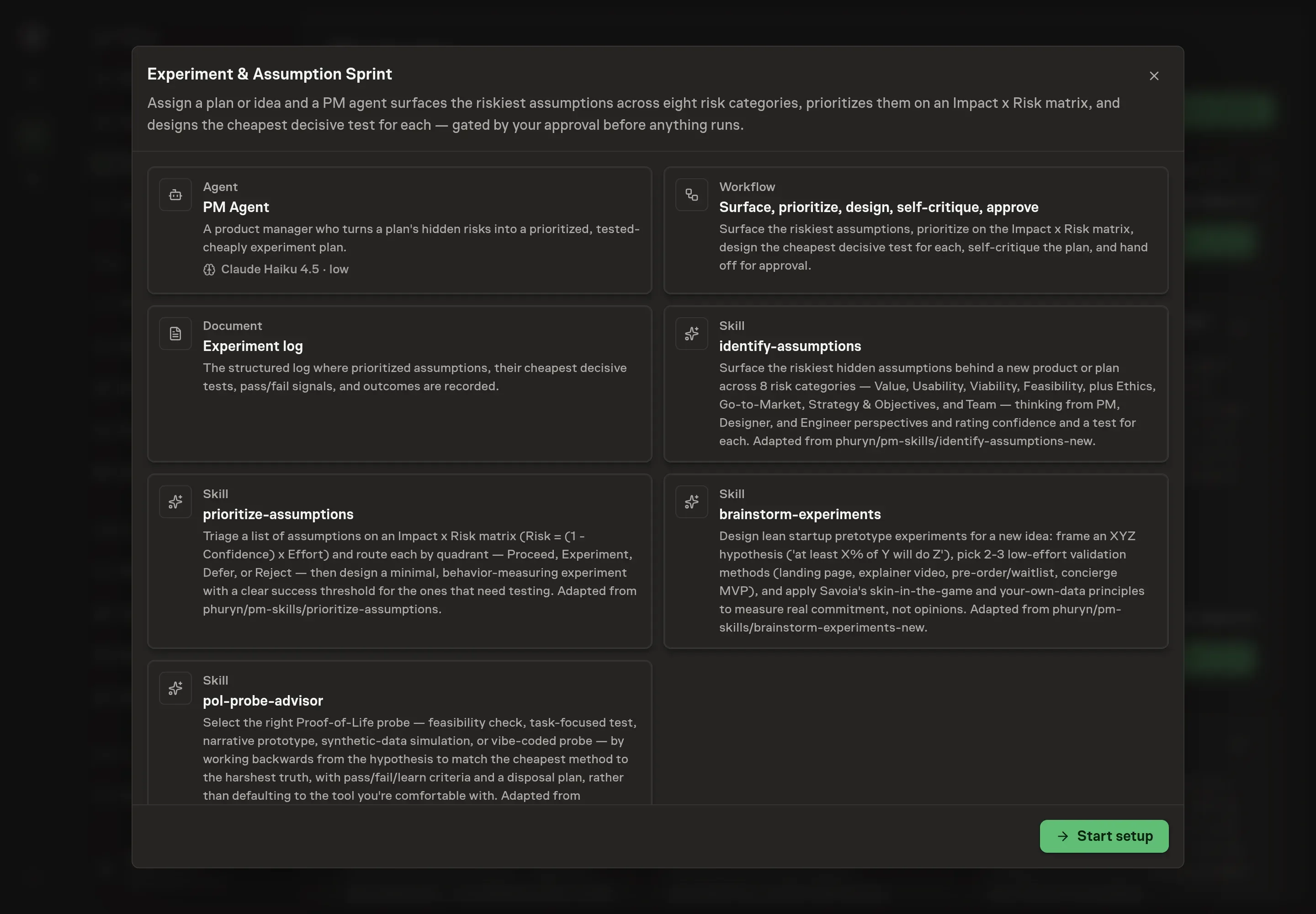 The Experiment & Assumption Sprint preview listing the PM agent, experiment log, four skills, workflow, and Start setup button