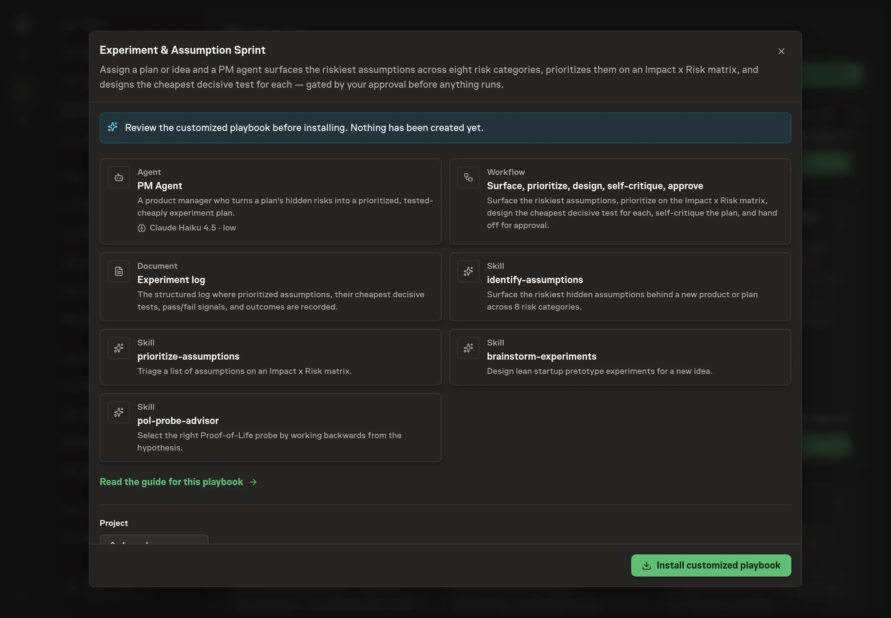 The review step showing the customized PM agent, experiment log, skills, and sprint workflow ready for approval
