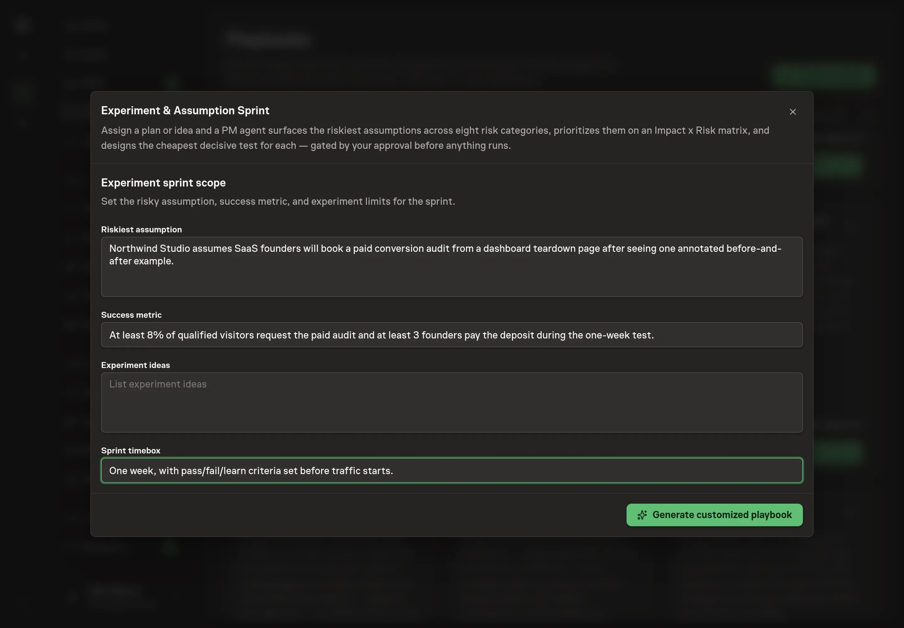 The setup form filled with a risky dashboard onboarding assumption, success metric, experiment ideas, and a one-week sprint timebox