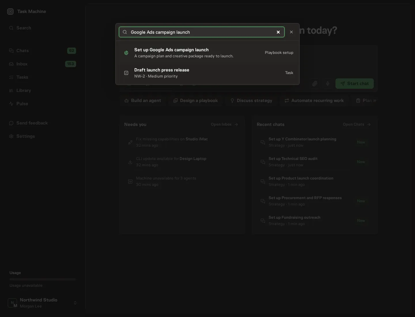 The command center offering Set up Google Ads campaign launch