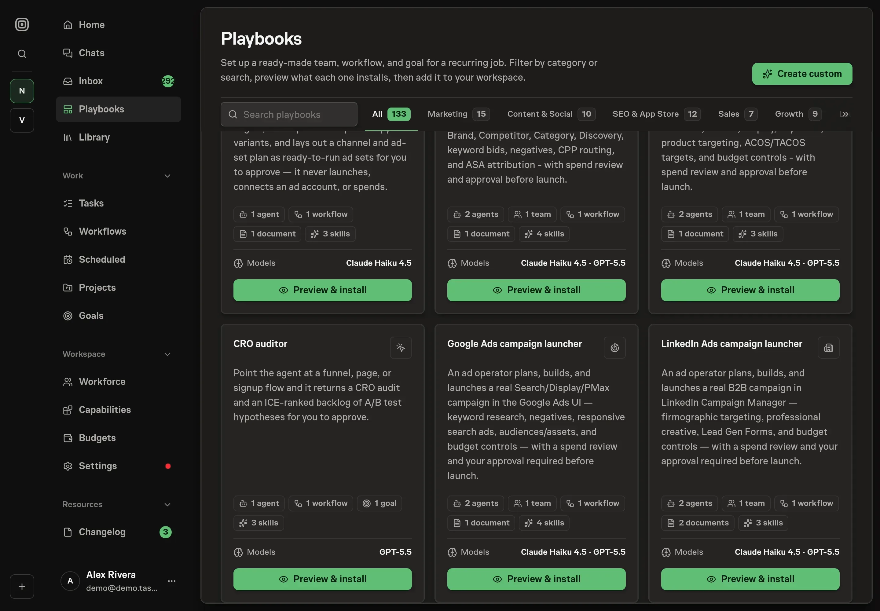 The playbook gallery with the Google Ads campaign launcher card in the Marketing category, listing the agents, workflow, document, skills, connected service, and follow-ups