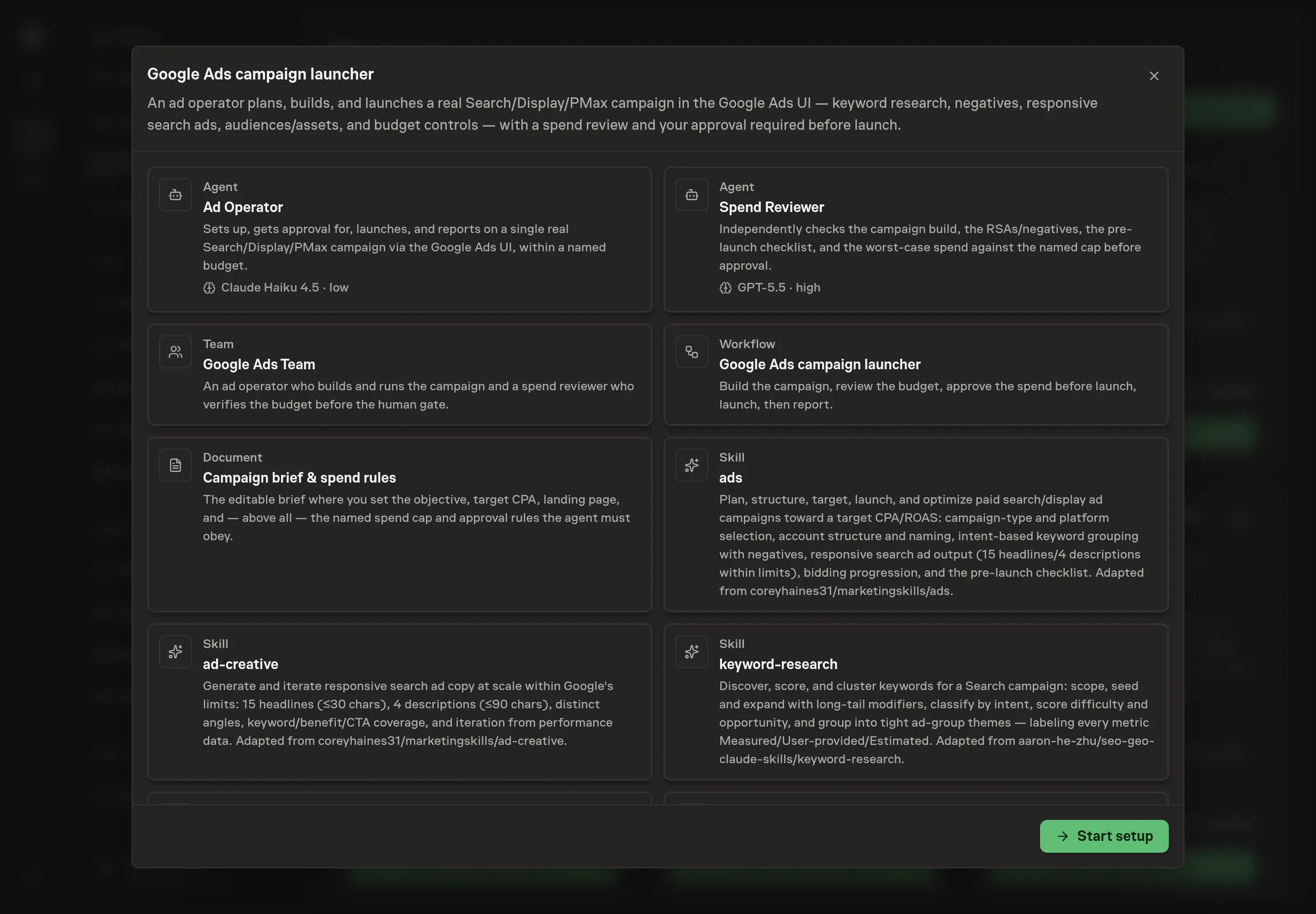 The Google Ads campaign launcher preview listing the ad operator, spend reviewer, launch workflow, spend-rules document, skills, Google Ads service entry, and Start setup button