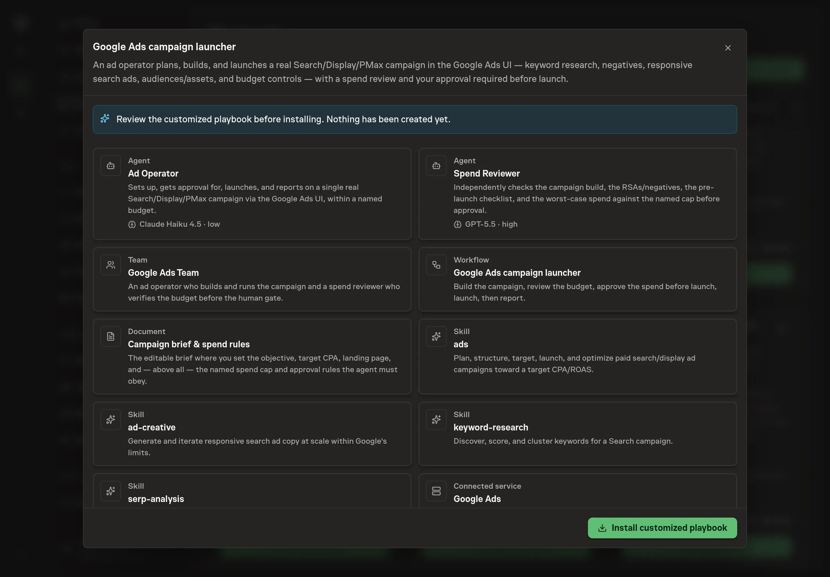 The review step showing the customized Google Ads campaign launcher records, with the launch workflow, spend-rules document, agents, and Google Ads connected service ready to install
