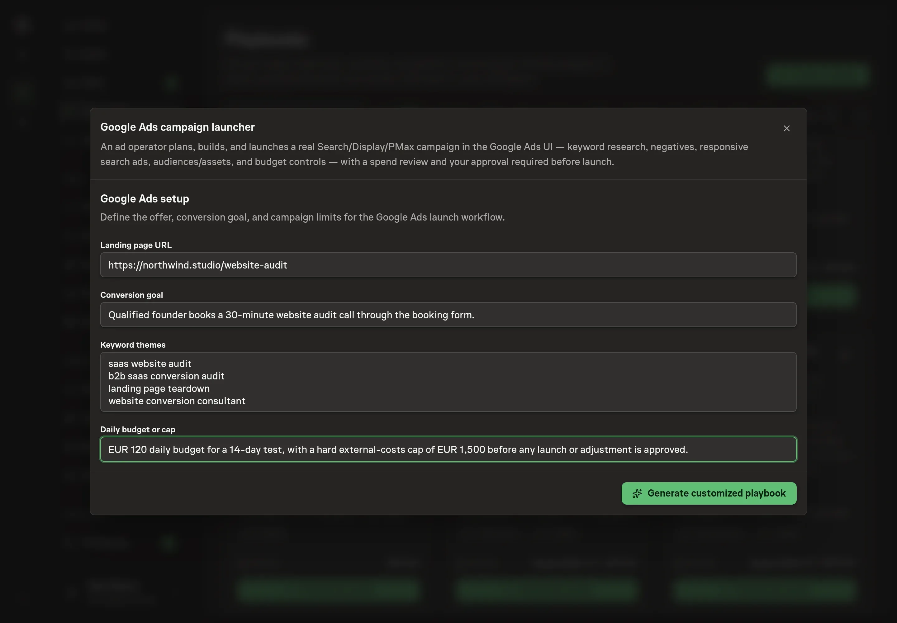 The setup form filled with the Northwind Studio landing page URL, demo booking conversion goal, keyword themes, and a daily budget cap