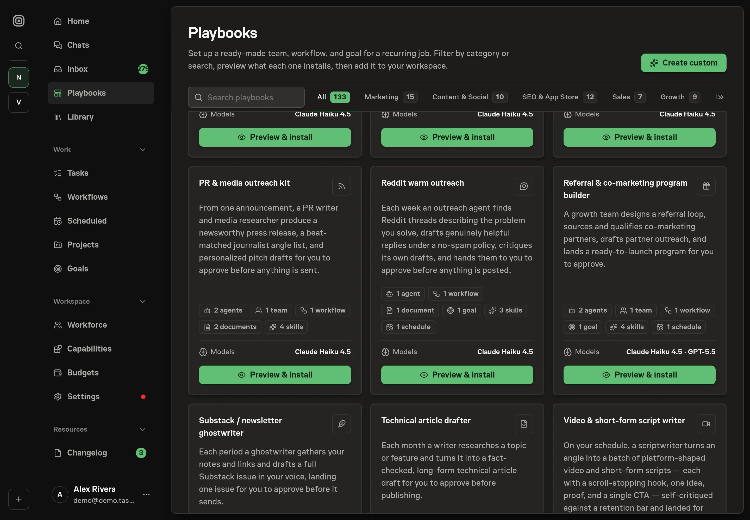 The playbook gallery with the Reddit warm outreach card in the Content category, listing one agent, one workflow, one document, one goal, three skills, and one schedule
