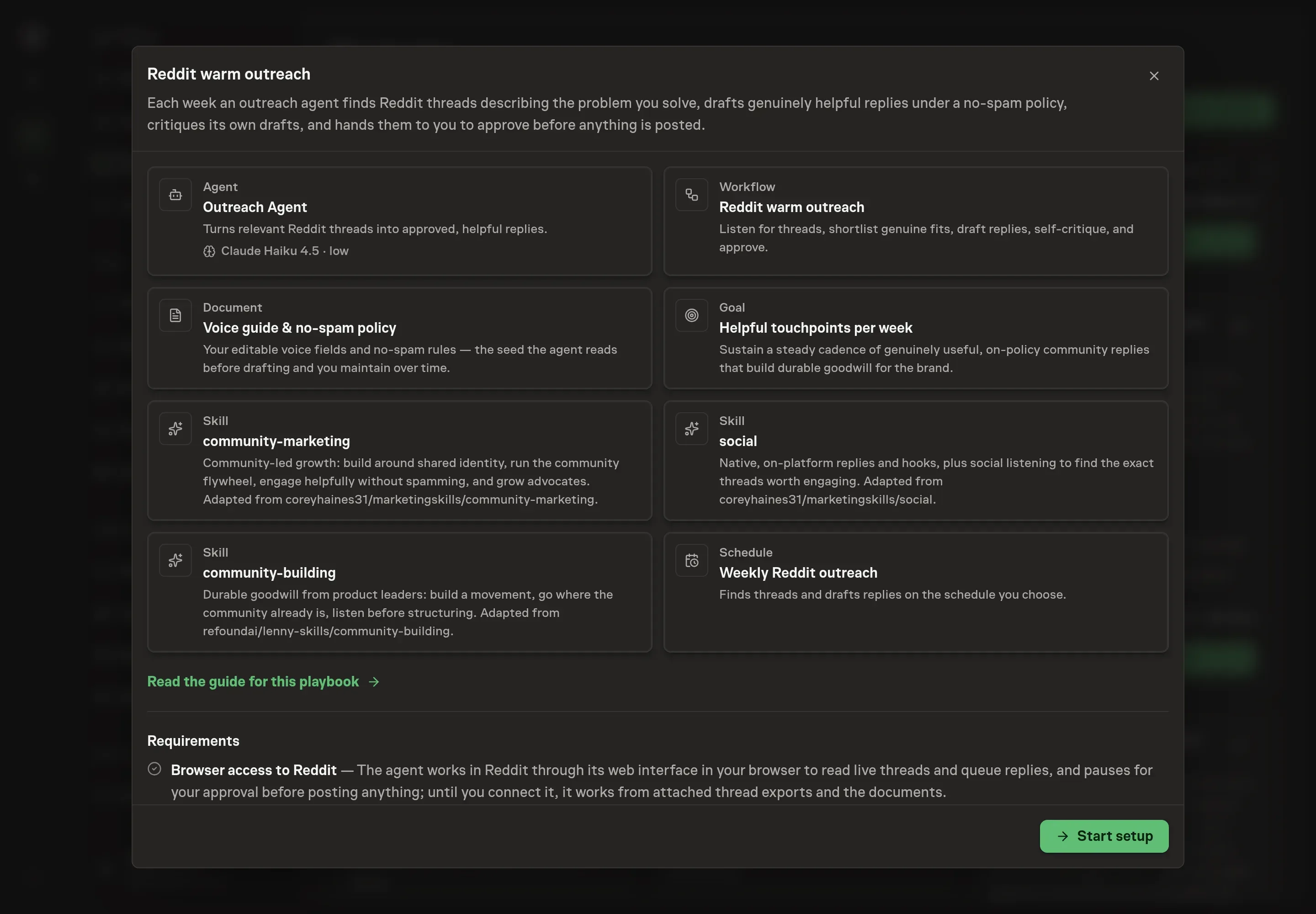 The Reddit warm outreach preview listing the outreach agent, workflow, policy document, goal, skills, weekly schedule, and Start setup button