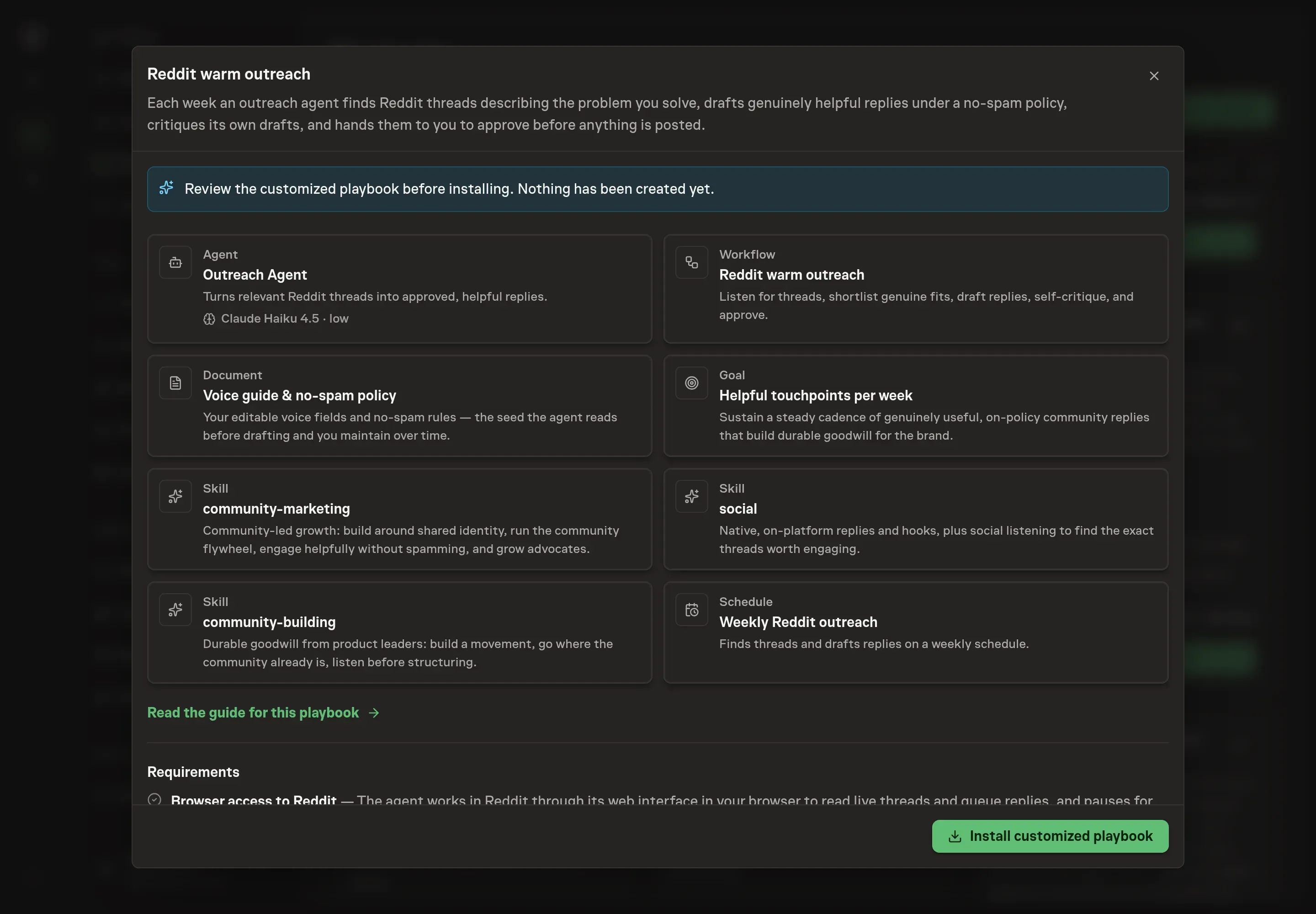 The review step showing the customized outreach agent, workflow, voice guide and no-spam policy, goal, skills, and weekly schedule before creation