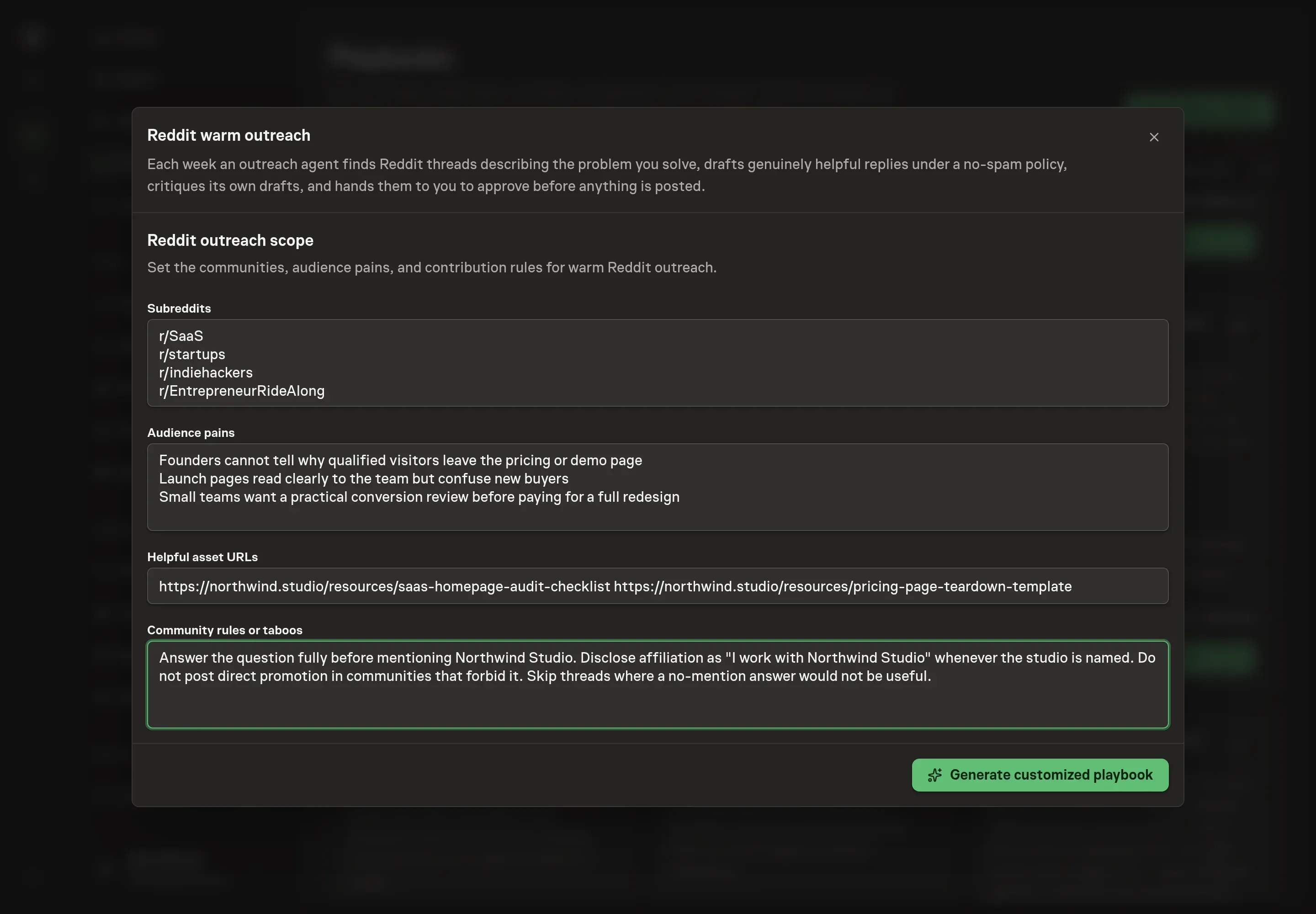 The setup form filled in with SaaS founder subreddits, audience pains, helpful asset URLs, and community rules about disclosure and no direct promotion