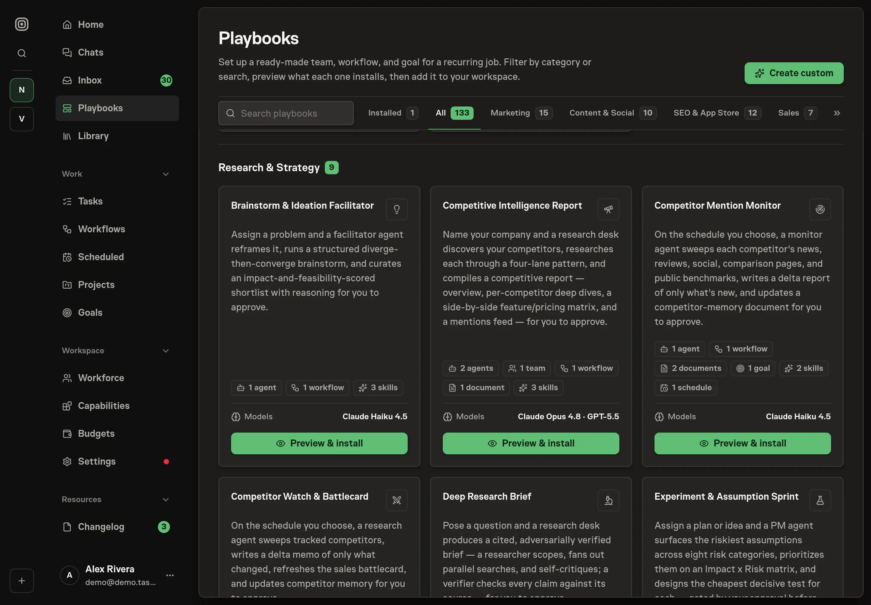 The playbook gallery with the Brainstorm & Ideation Facilitator card in the Research category, listing one agent, one workflow, and three skills