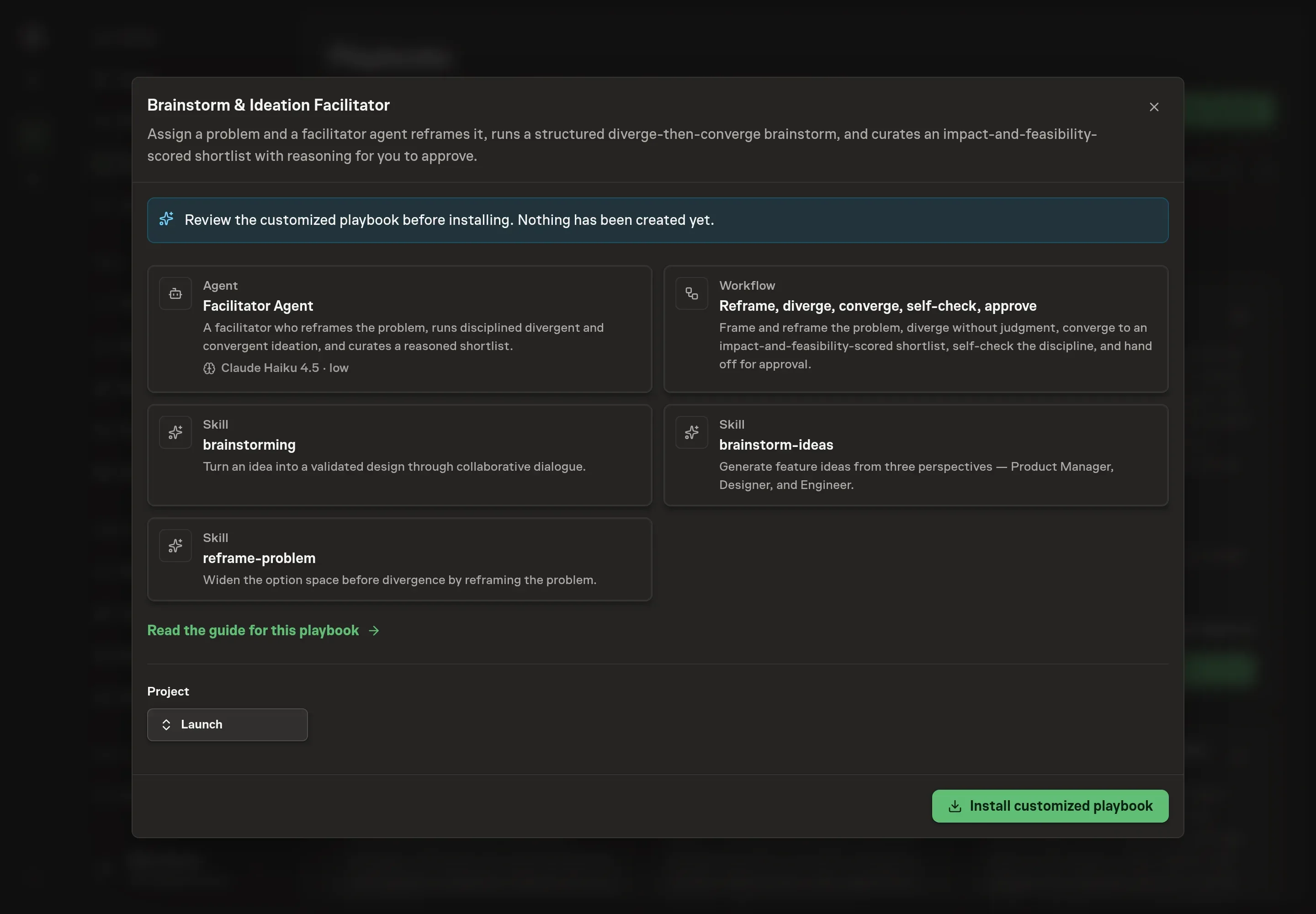 The review step showing the customized Facilitator Agent, the Reframe, diverge, converge, self-check, approve workflow, and the three skills, with a banner confirming nothing has been created yet