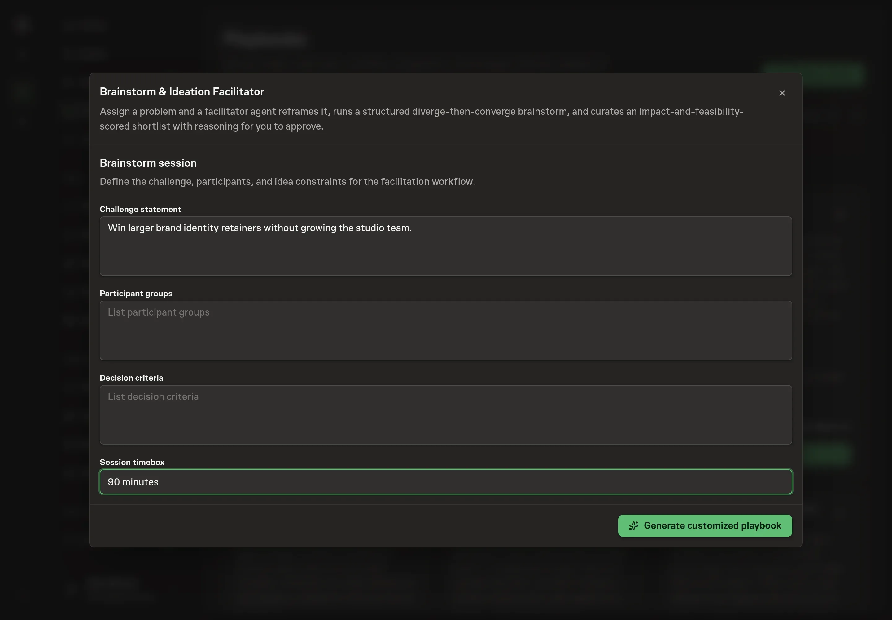 The setup form filled in with a challenge statement about winning larger retainers, participant groups, decision criteria, and a 90-minute session timebox