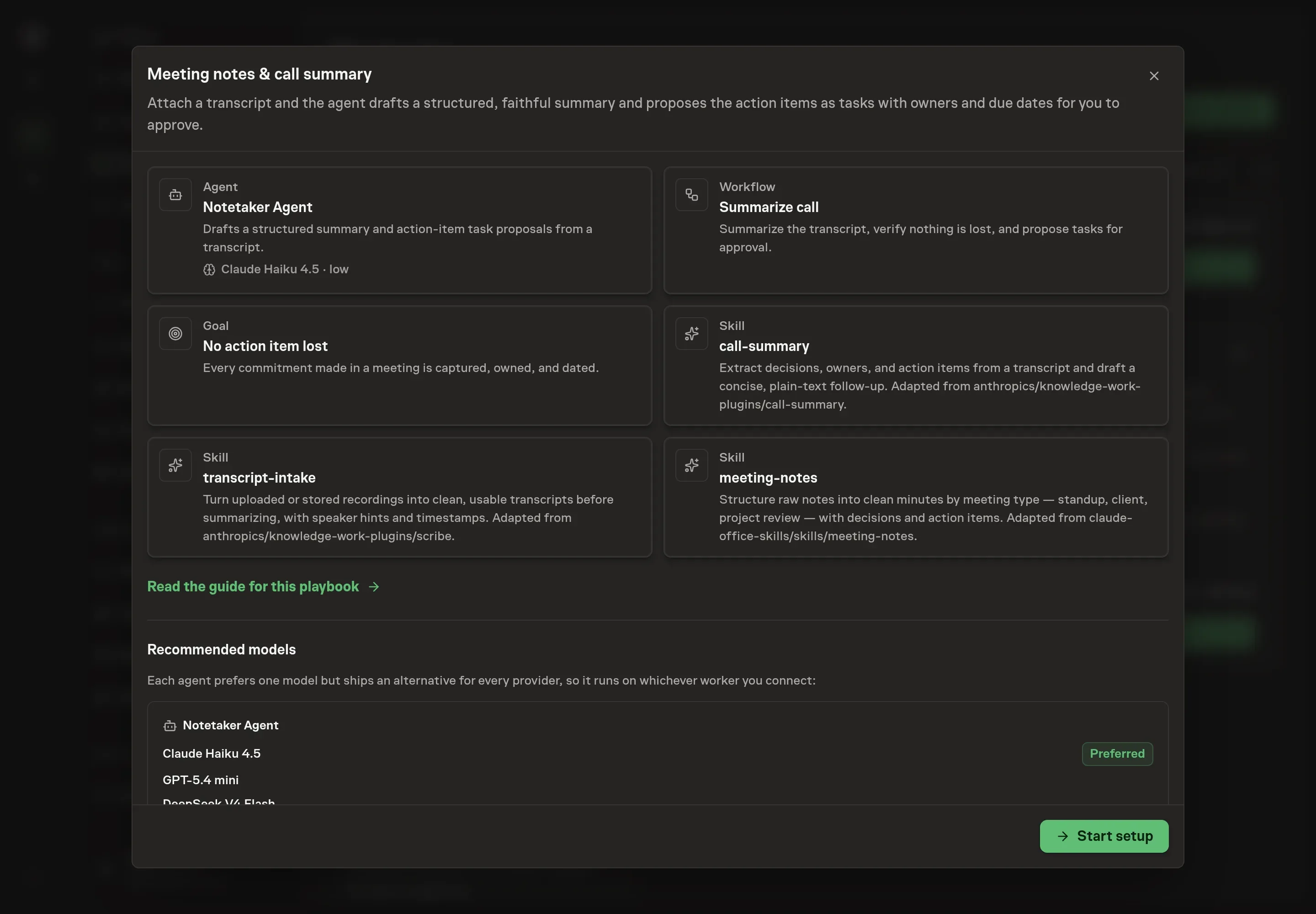 The Meeting notes and call summary preview showing the Notetaker Agent, Summarize call workflow, goal, and skills, with a Start setup button