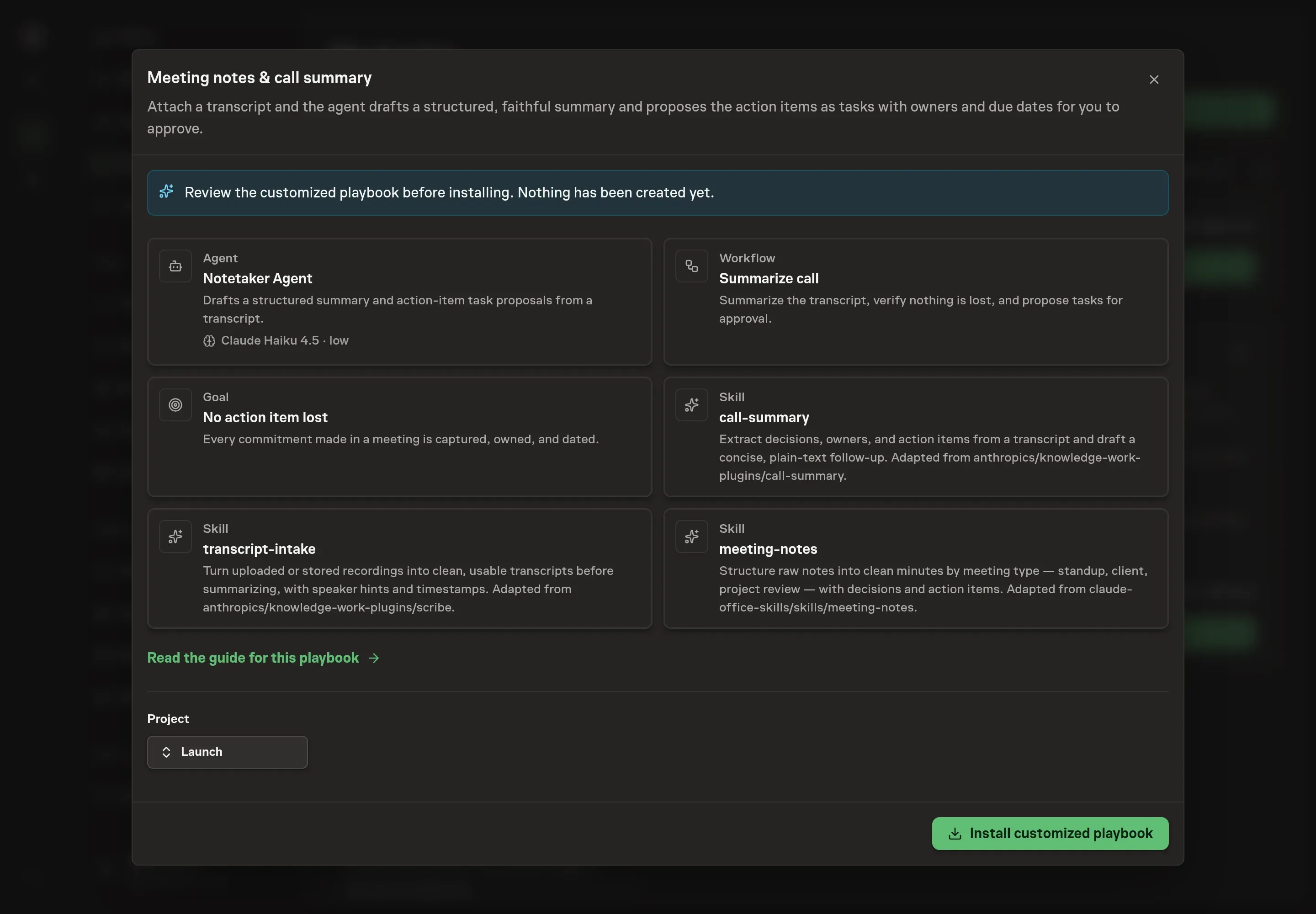 The review step showing the customized Notetaker Agent, Summarize call workflow, goal, and meeting-note skills before installation