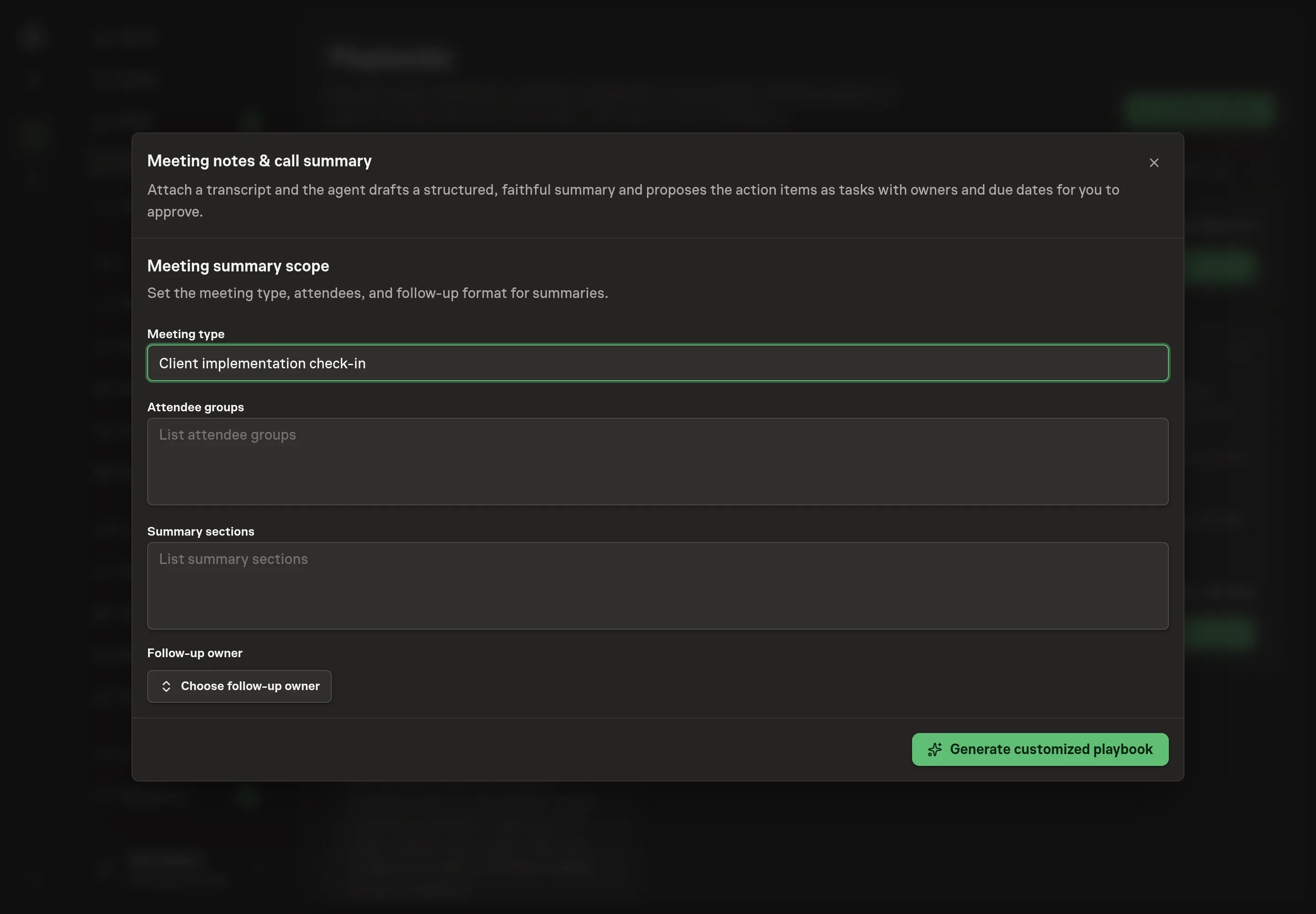 The setup form filled with Northwind Studio's client implementation check-in, attendee groups, summary sections, and follow-up owner